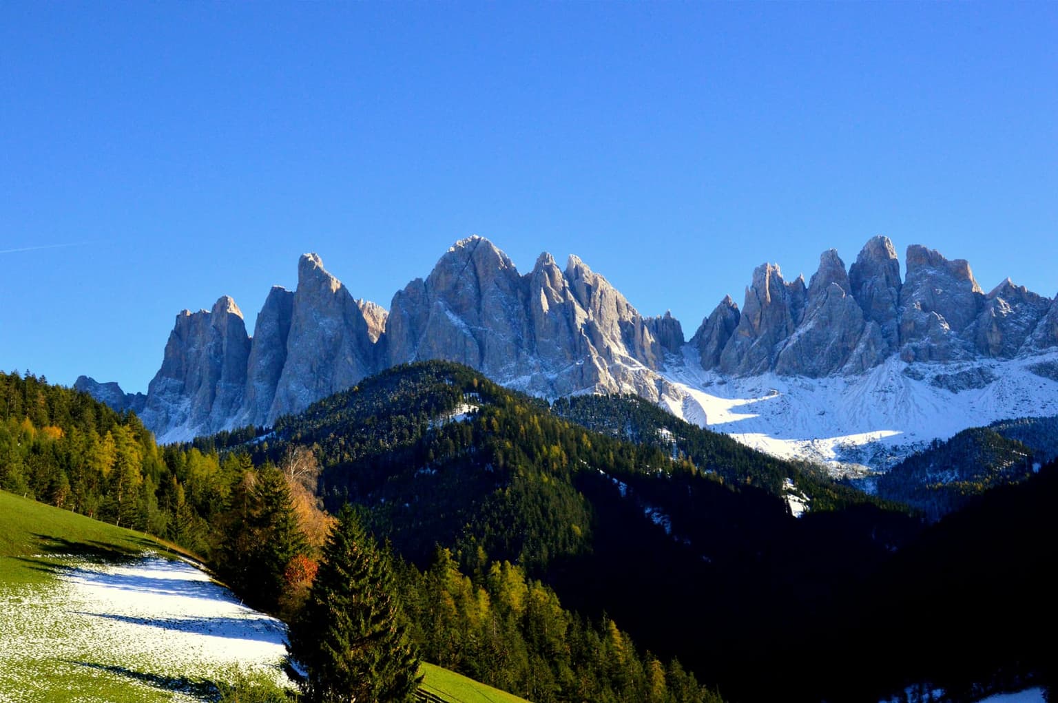The jagged Odle peaks in South Tyrol dusted with fresh snow above a slope of gold autumn foliage and conifers, snow patches lingering in the grass below