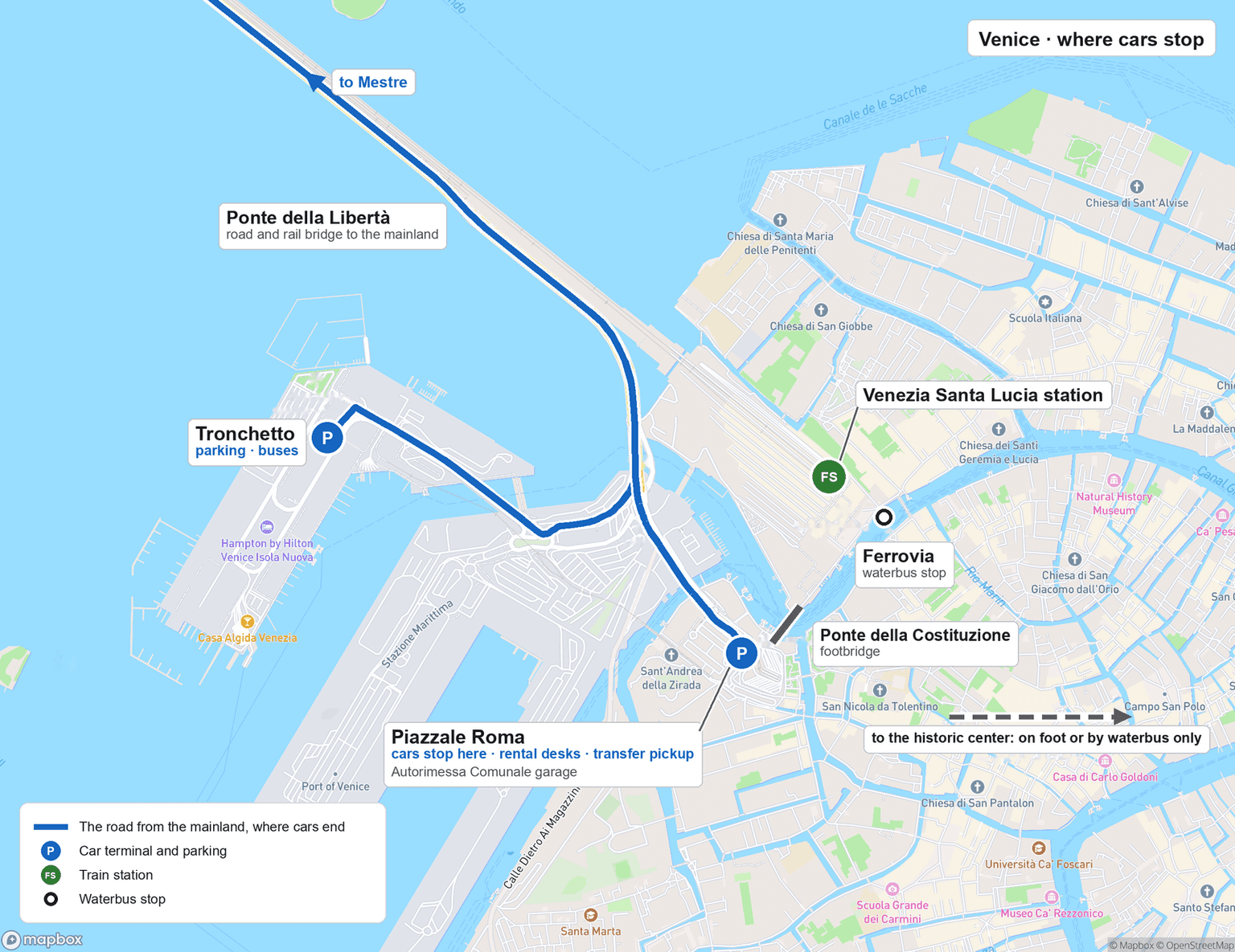 Street map of Venice's western edge. The Ponte della Libertà comes in from Mestre and ends at two car terminals, Piazzale Roma and Tronchetto. From Piazzale Roma, the Ponte della Costituzione footbridge crosses the Grand Canal to Venezia Santa Lucia station and the Ferrovia waterbus stop. Beyond is the historic center, reached on foot or by waterbus