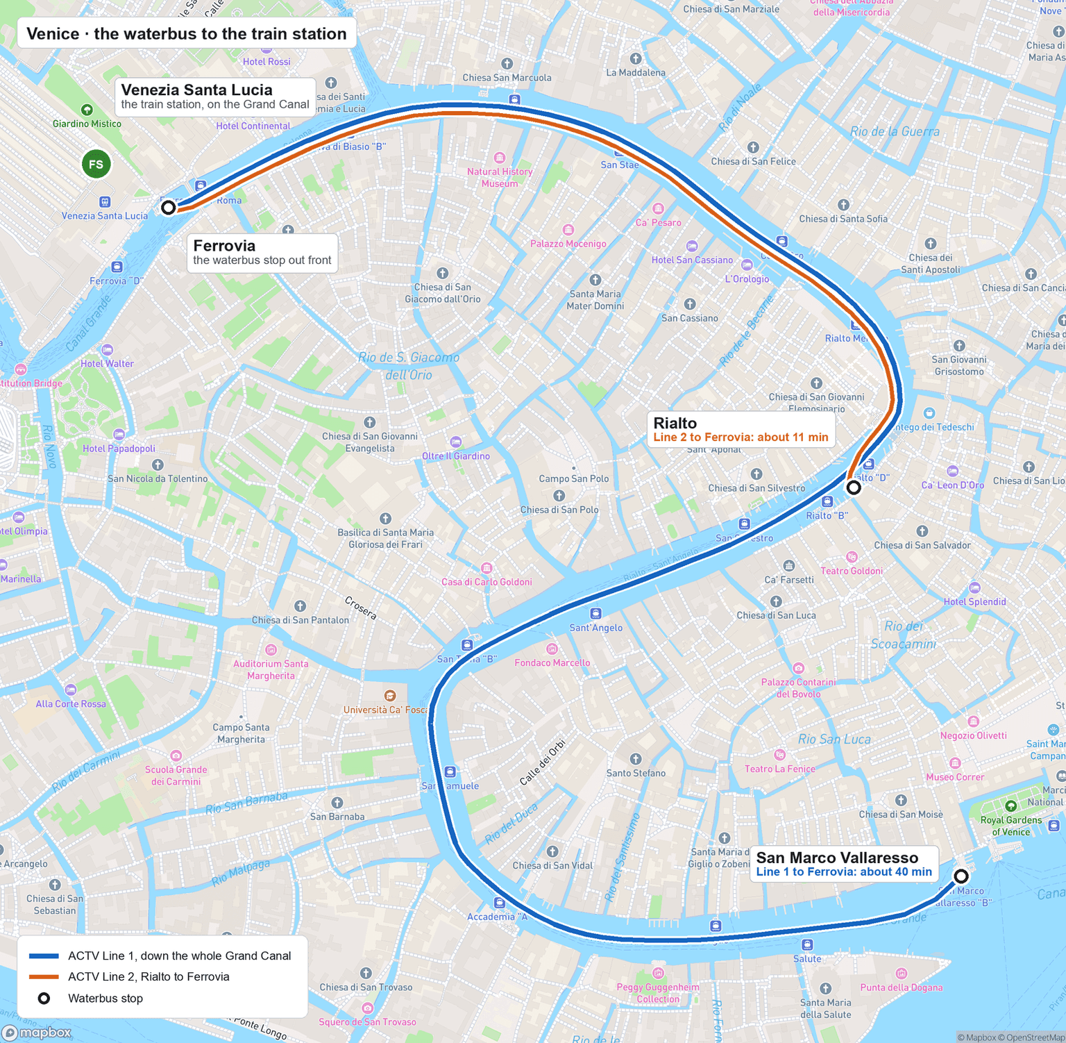 Map of the waterbus to Venezia Santa Lucia station. ACTV Line 1 runs the length of the Grand Canal from San Marco Vallaresso to Ferrovia, the stop in front of the station, in about 40 minutes. Line 2 runs from Rialto to Ferrovia in about 11 minutes