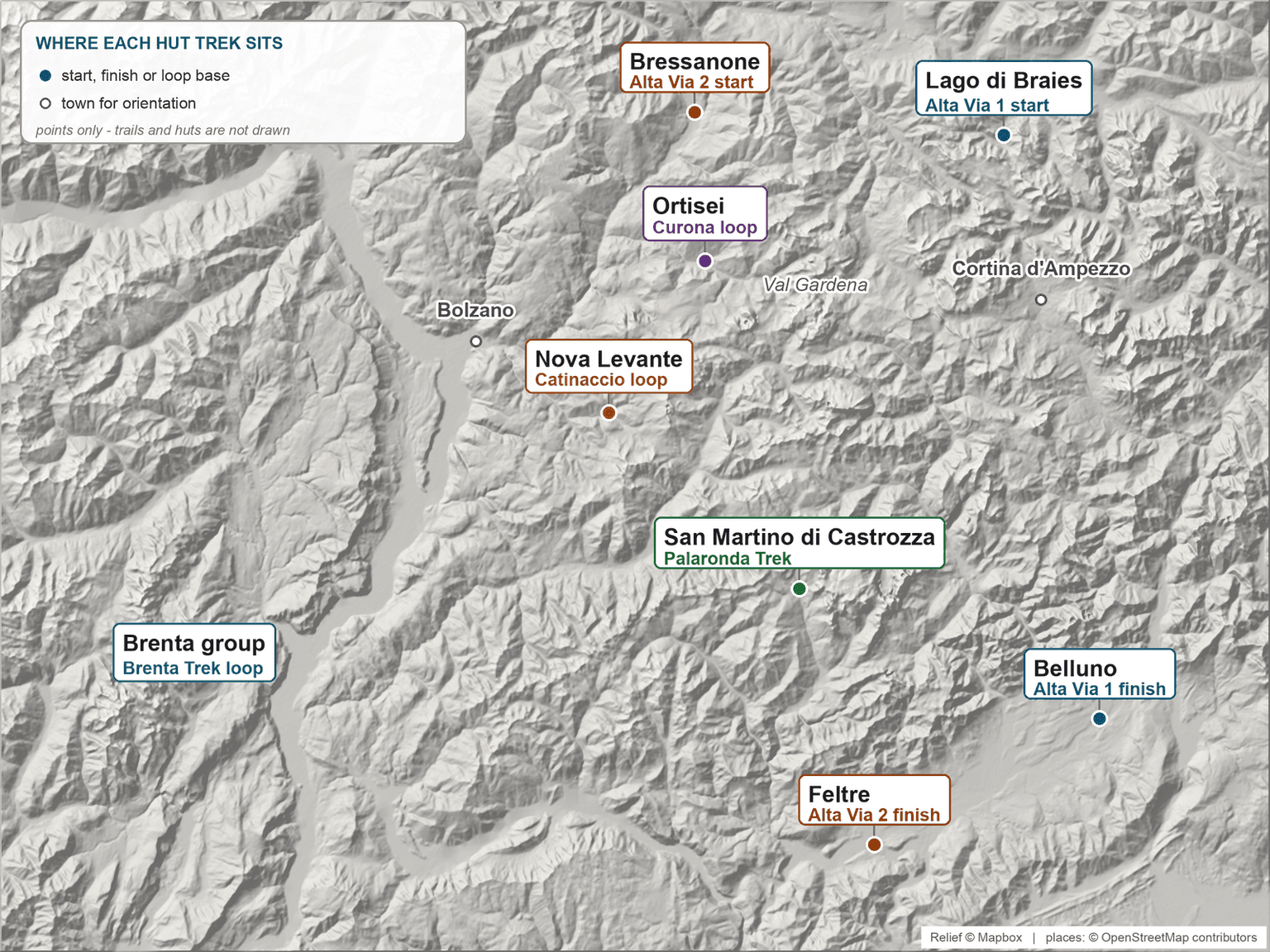 Relief map of the Dolomites marking where each hut trek starts or loops: the Alta Via 1 from Lago di Braies to Belluno, the Alta Via 2 from Bressanone to Feltre, the Curona loop from Ortisei, the Catinaccio loop from Nova Levante, the Palaronda Trek from San Martino di Castrozza, and the Brenta Trek loop in the Brenta group, with Bolzano and Cortina d'Ampezzo for orientation