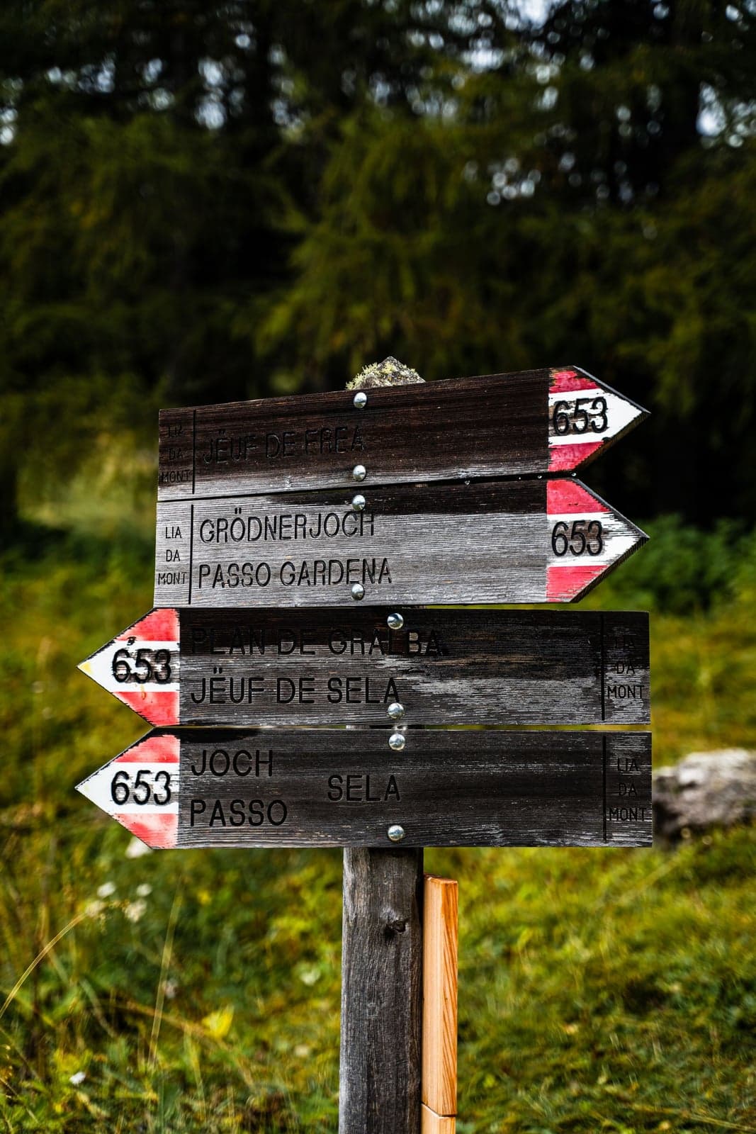 A trailhead signpost in Val Gardena listing Grödnerjoch and Passo Gardena together, the same pass under its German and Italian names