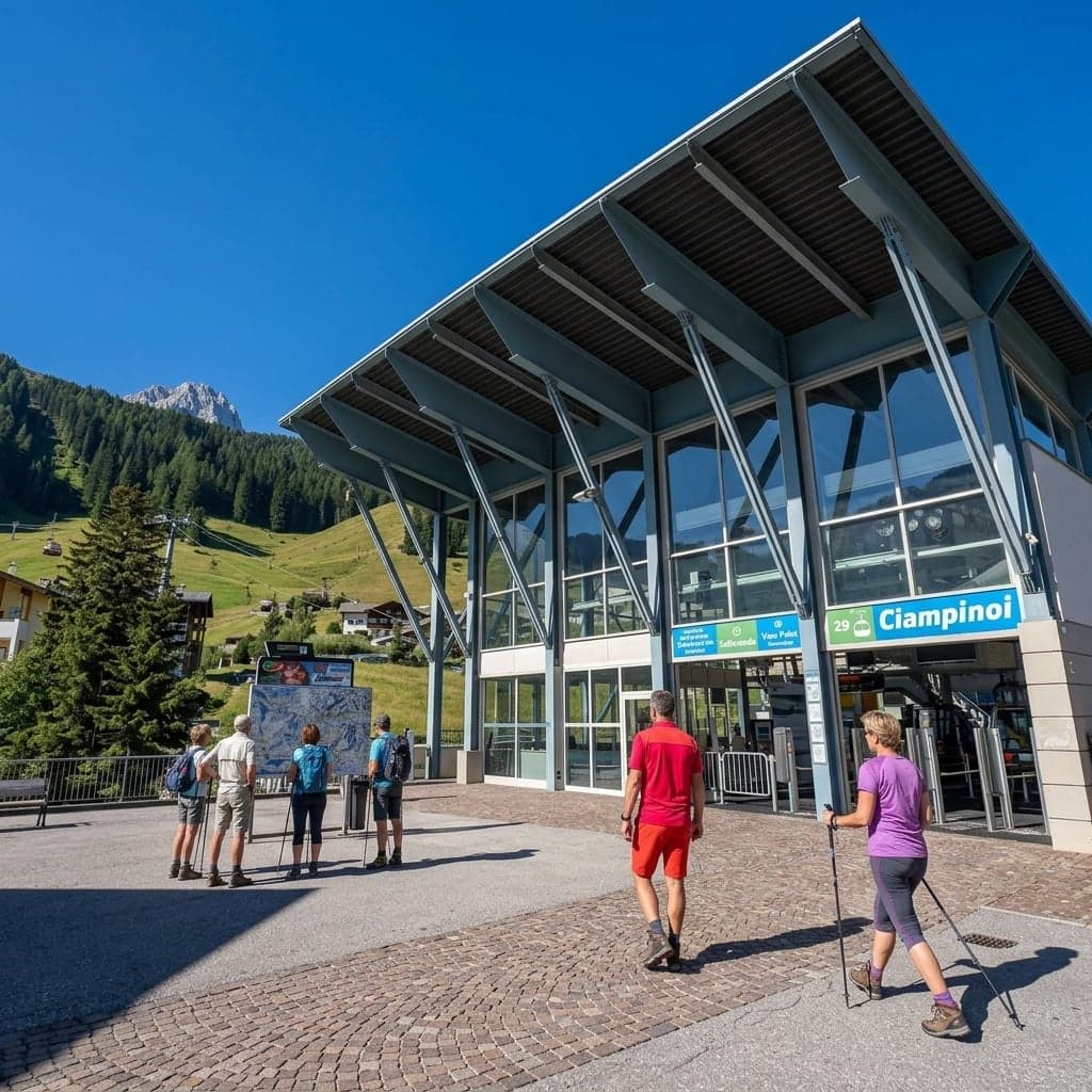 A glass-fronted cable-car station building signed "Ciampinoi," hikers with trekking poles and backpacks walking past a trailhead map board, a forested slope and small alpine village visible behind under a clear sky.