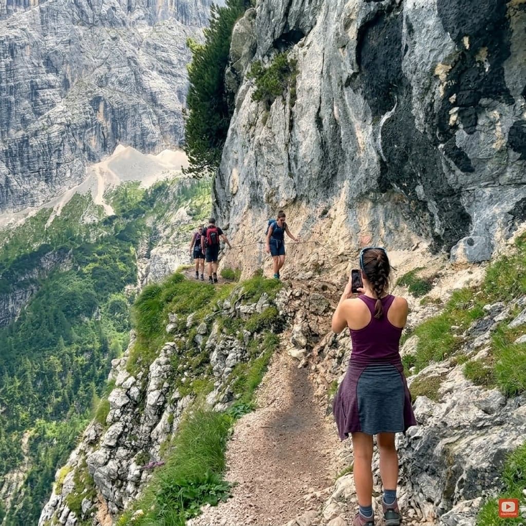 Hikers cross a narrow ledge on the Sorapis trail's fixed cable, a steep drop below and Dolomite peaks behind.