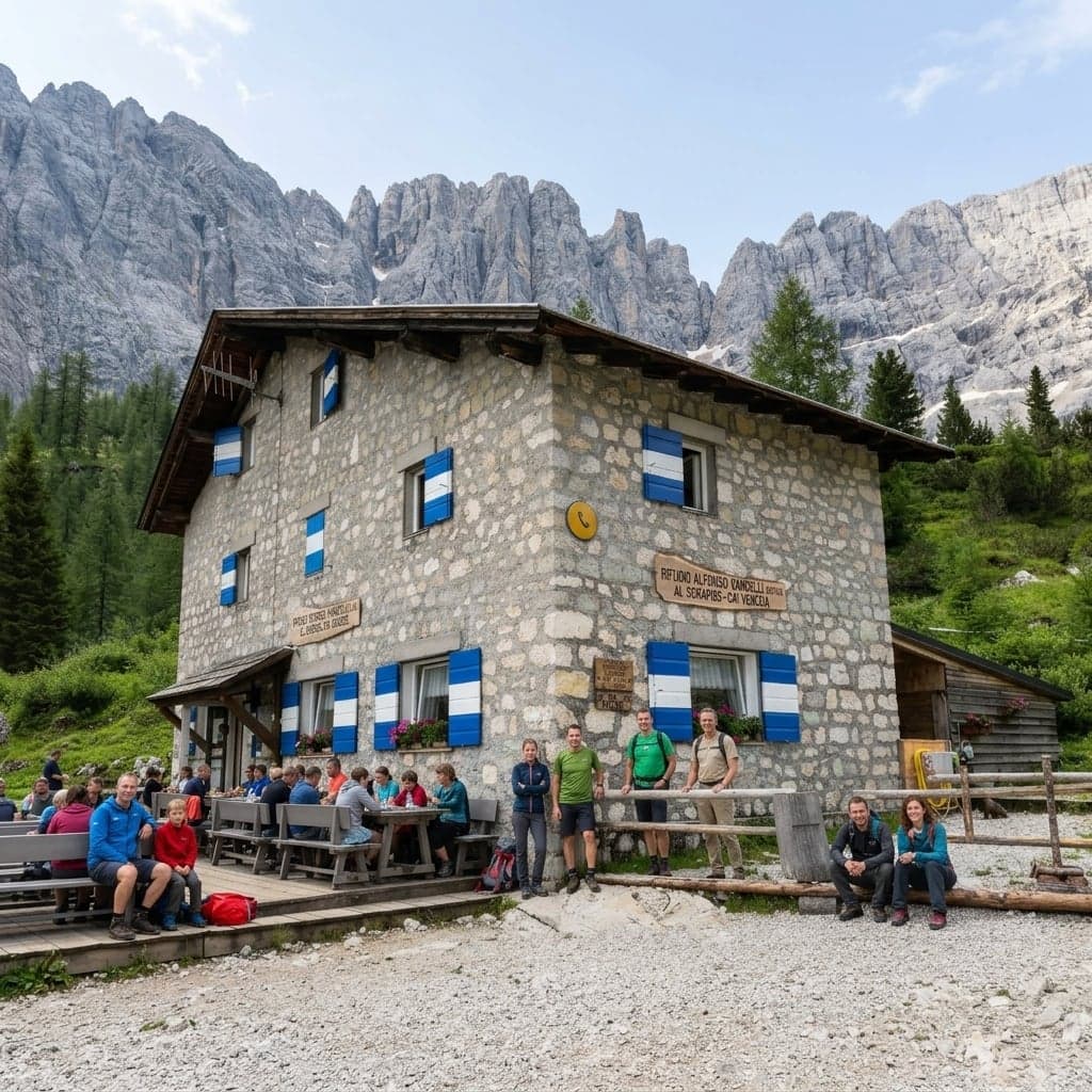 Rifugio Vandelli, a stone hut with blue-shuttered windows, sits below the Sorapis massif with hikers resting on its benches.