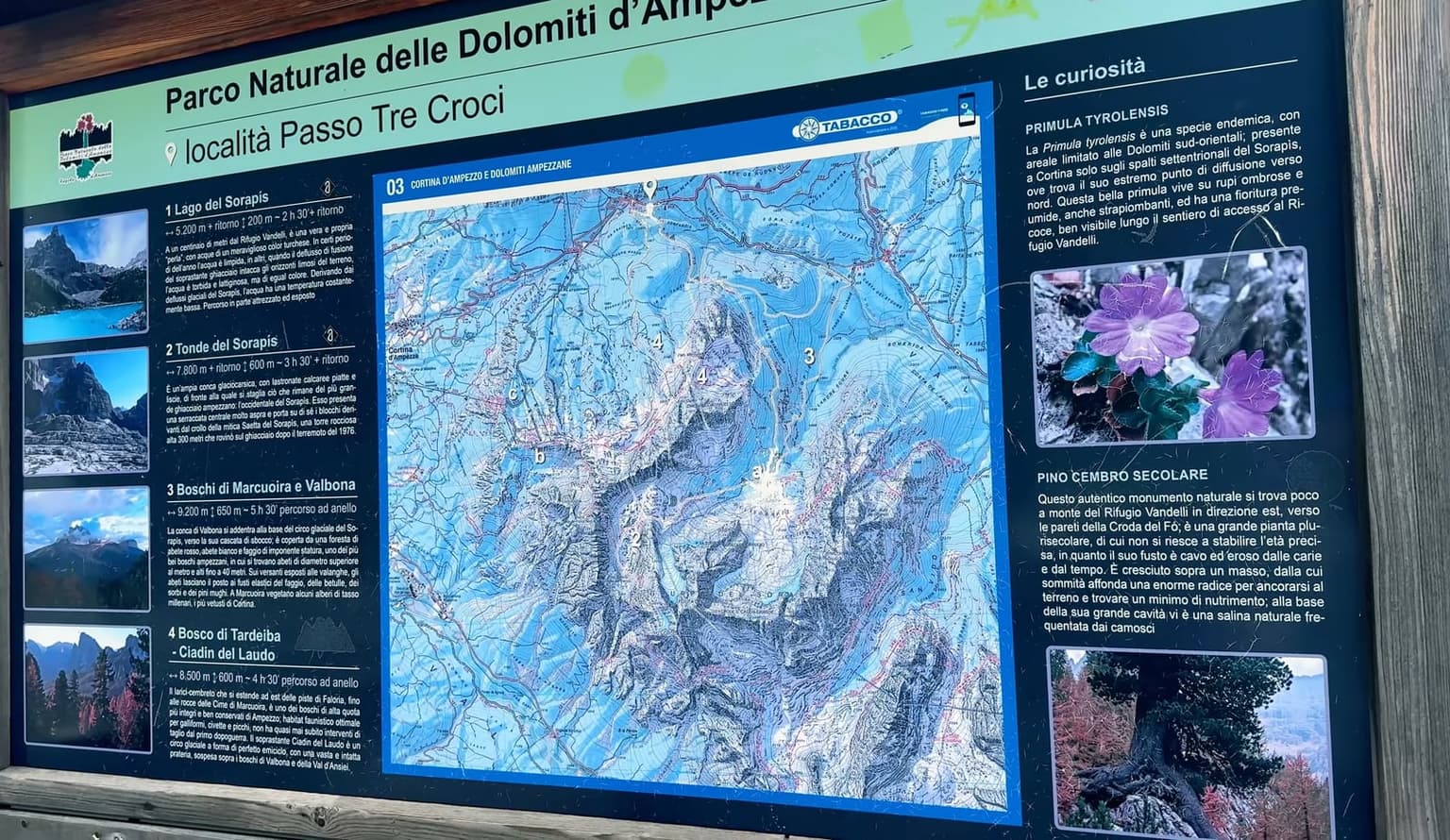 An information board at Passo Tre Croci maps the Parco Naturale delle Dolomiti d'Ampezzo trails, including Lago del Sorapis as a 5.2-kilometer round trip.