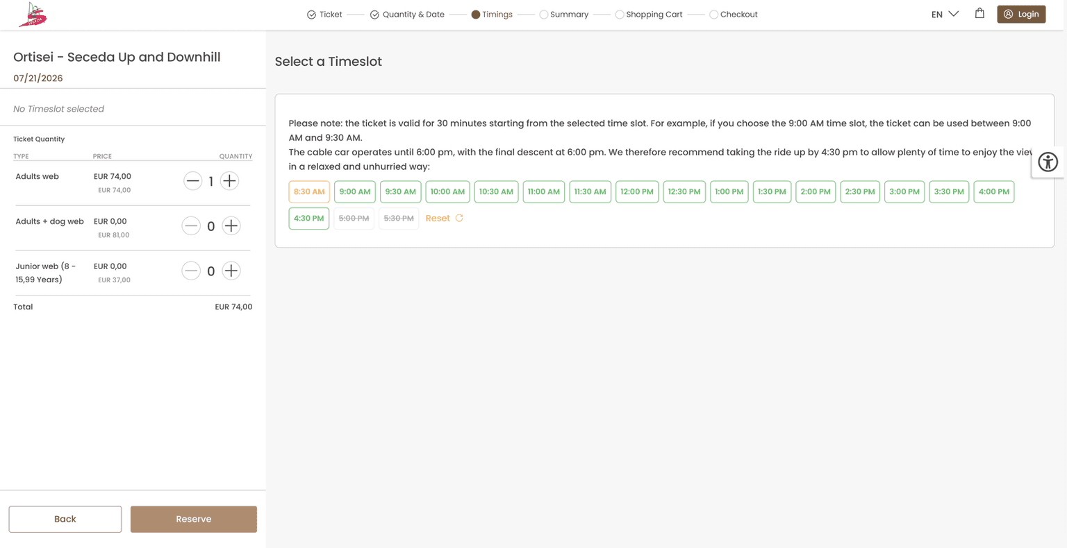 The Seceda online ticket checkout showing the selected date and the grid of 30-minute time slots to choose from, with slots already booked past 4:30 PM grayed out.
