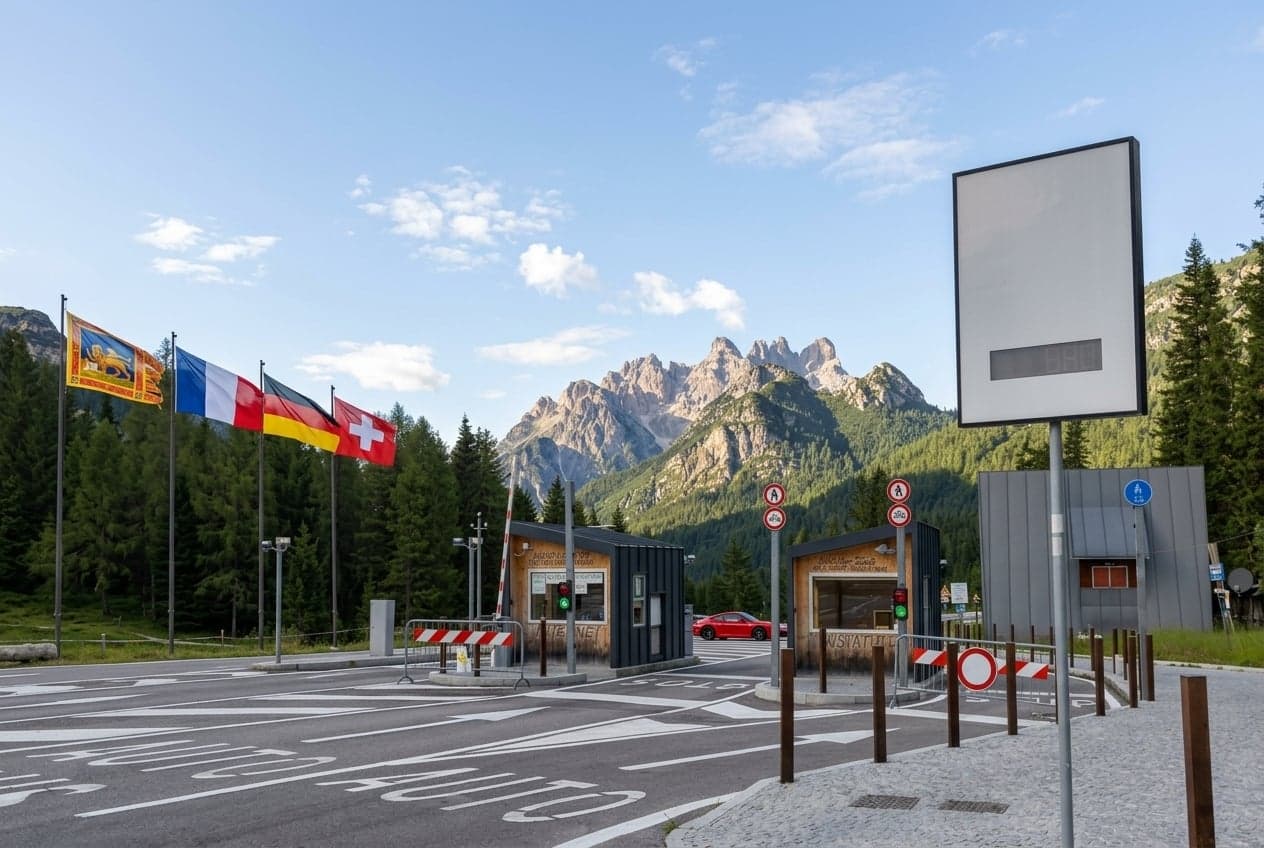 Two unstaffed toll booths with traffic-light signals mark the entrance to the road up to Rifugio Auronzo, jagged peaks of the Dolomites rising behind and a car approaching one of the booths.