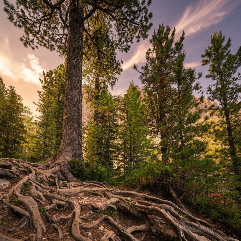 A dense network of exposed tree roots covering the Adolf Munkel Weg trail surface, alpine rhododendron in bloom alongside