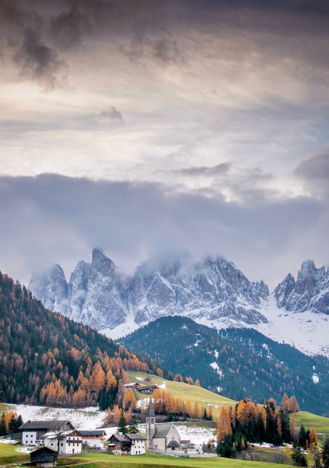 Val di Funes in fall, golden larch and meadow below the Odle wall dusted with early snow, seen from the Panoramaweg
