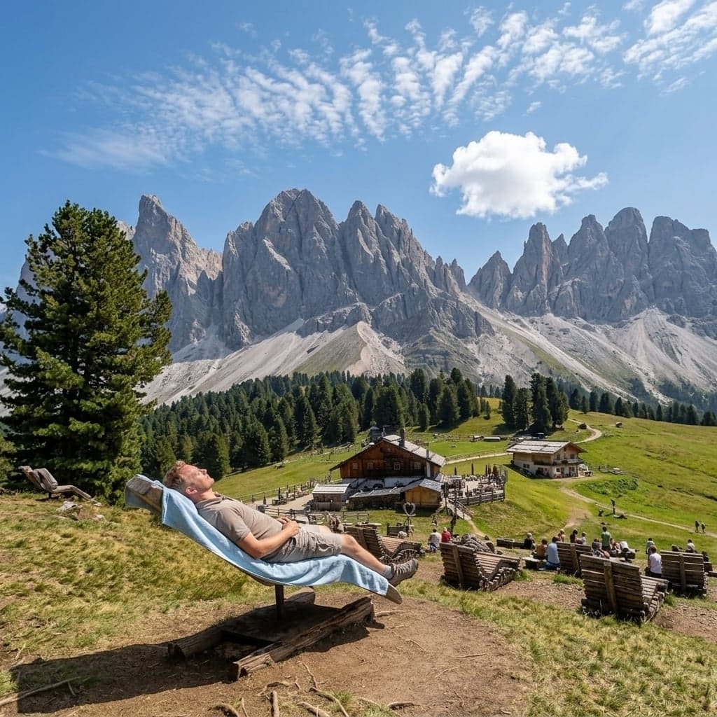 Wooden reclining loungers lined up facing the Odle wall at Geisleralm, the hut's terrace below