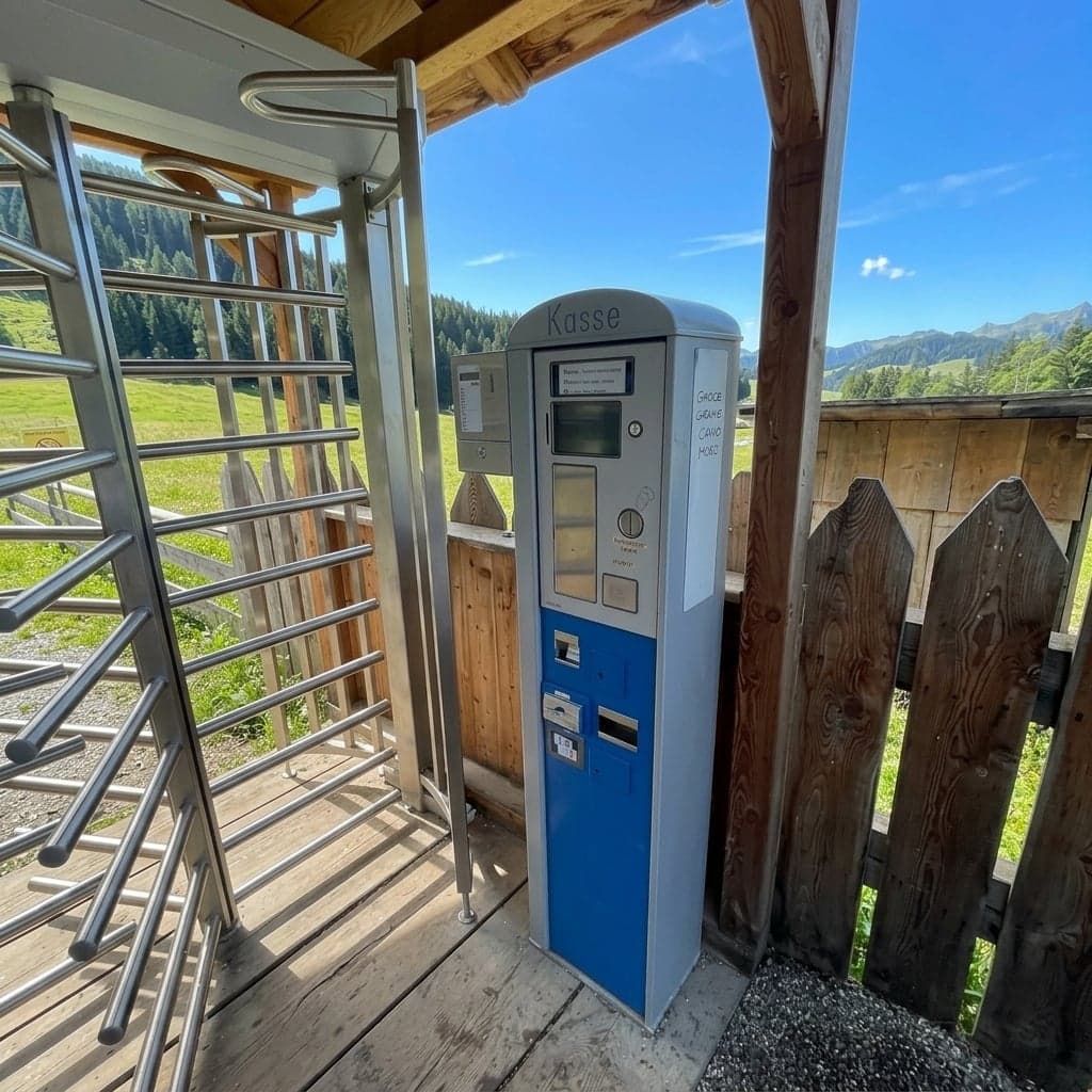 The coin turnstile set into the meadow fence at San Giovanni in Ranui, with the payment kiosk beside it