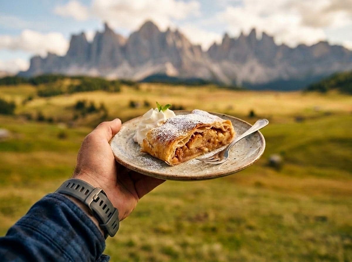 A slice of apple strudel with whipped cream, held up on a plate against the Odle peaks in the background