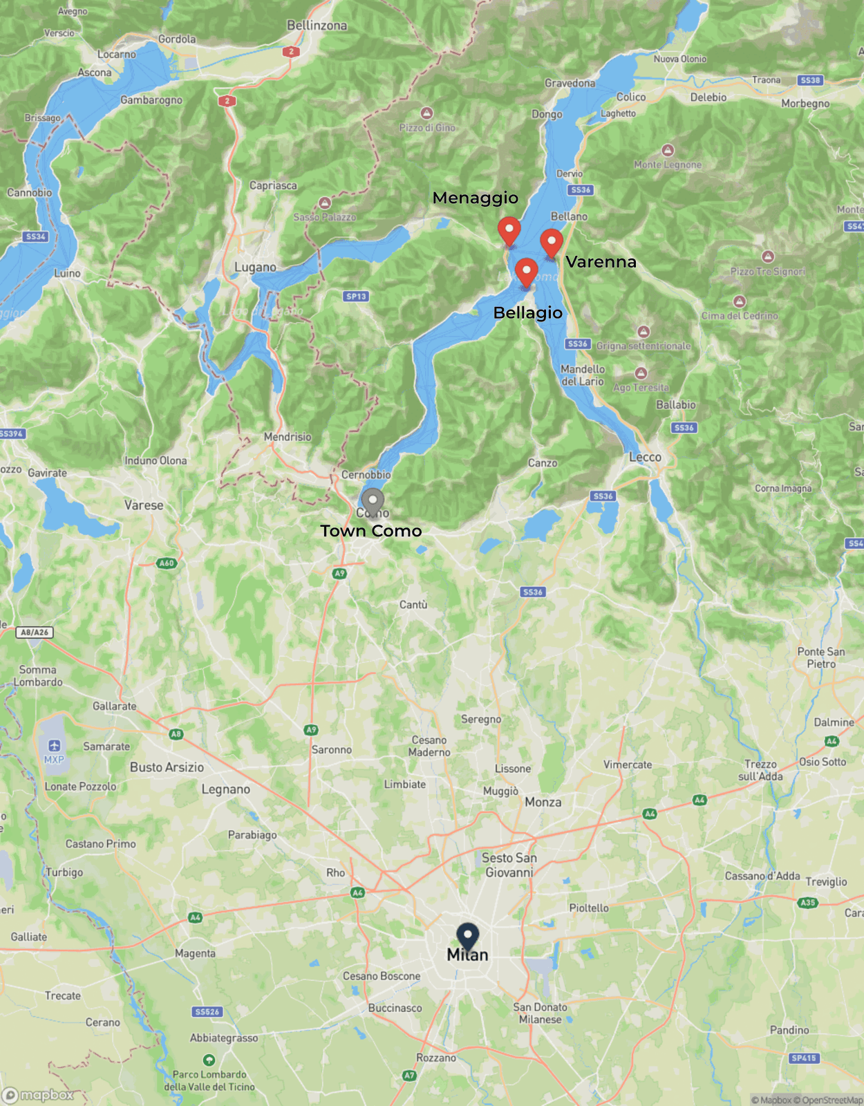 Map of Lake Como's upside-down Y shape, with Bellagio on the promontory at the fork, Varenna and Menaggio around it in the central triangle, and Como town at the southern tip