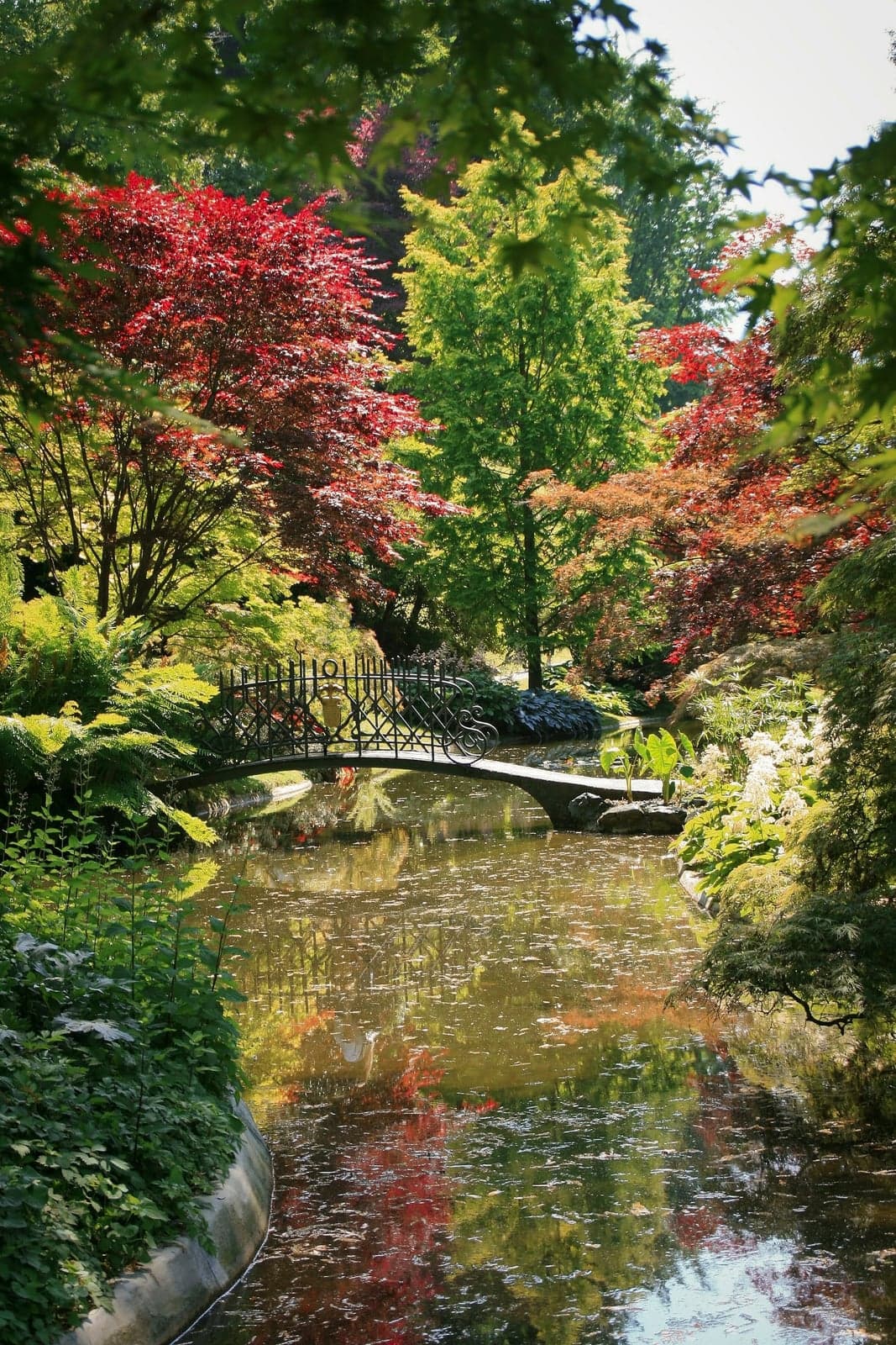 An ornate wrought-iron footbridge over the Japanese water garden pond at Villa Melzi, red and green maples reflected in the still water