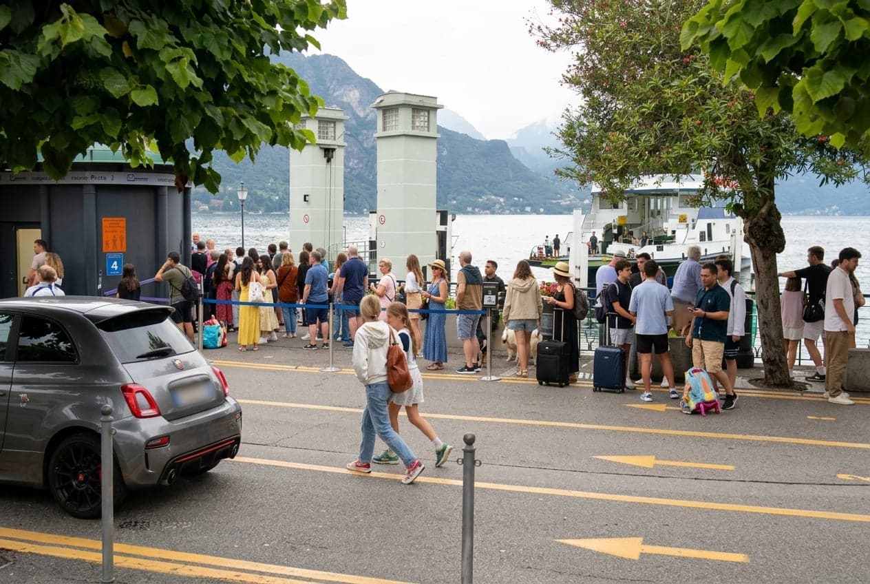 A long queue of ferry passengers with suitcases waiting along the waterfront railings at a central Lake Como dock on a busy summer morning