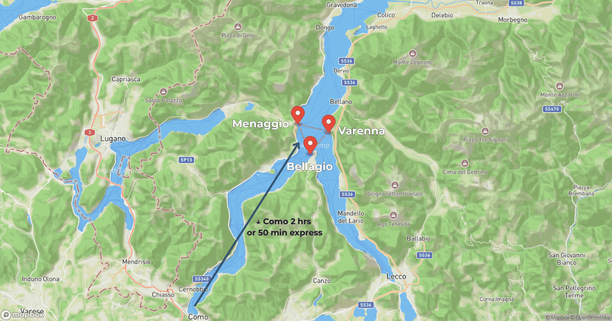 Map of the central Lake Como ferry triangle linking Bellagio, Varenna and Menaggio, with the longer leg running south to Como town
