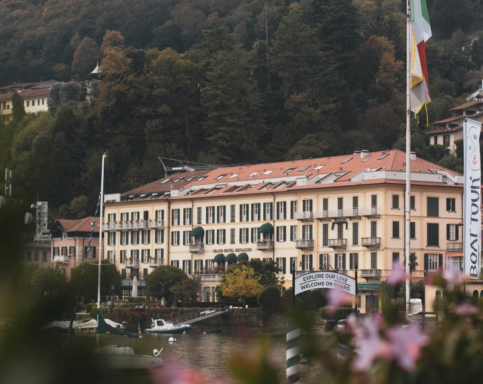 Grand Hotel Menaggio's lakefront balconies and terrace, seen from the water