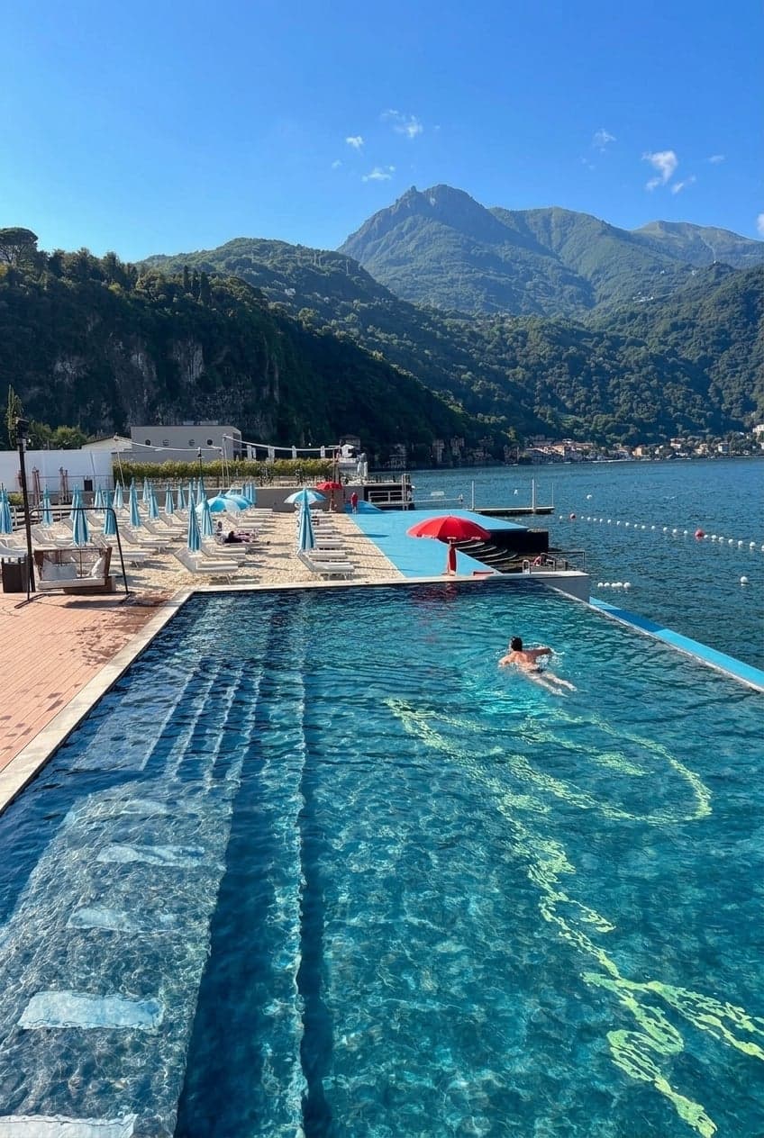 The infinity pool over the lake at Victoria Beach, Menaggio's lakefront beach club