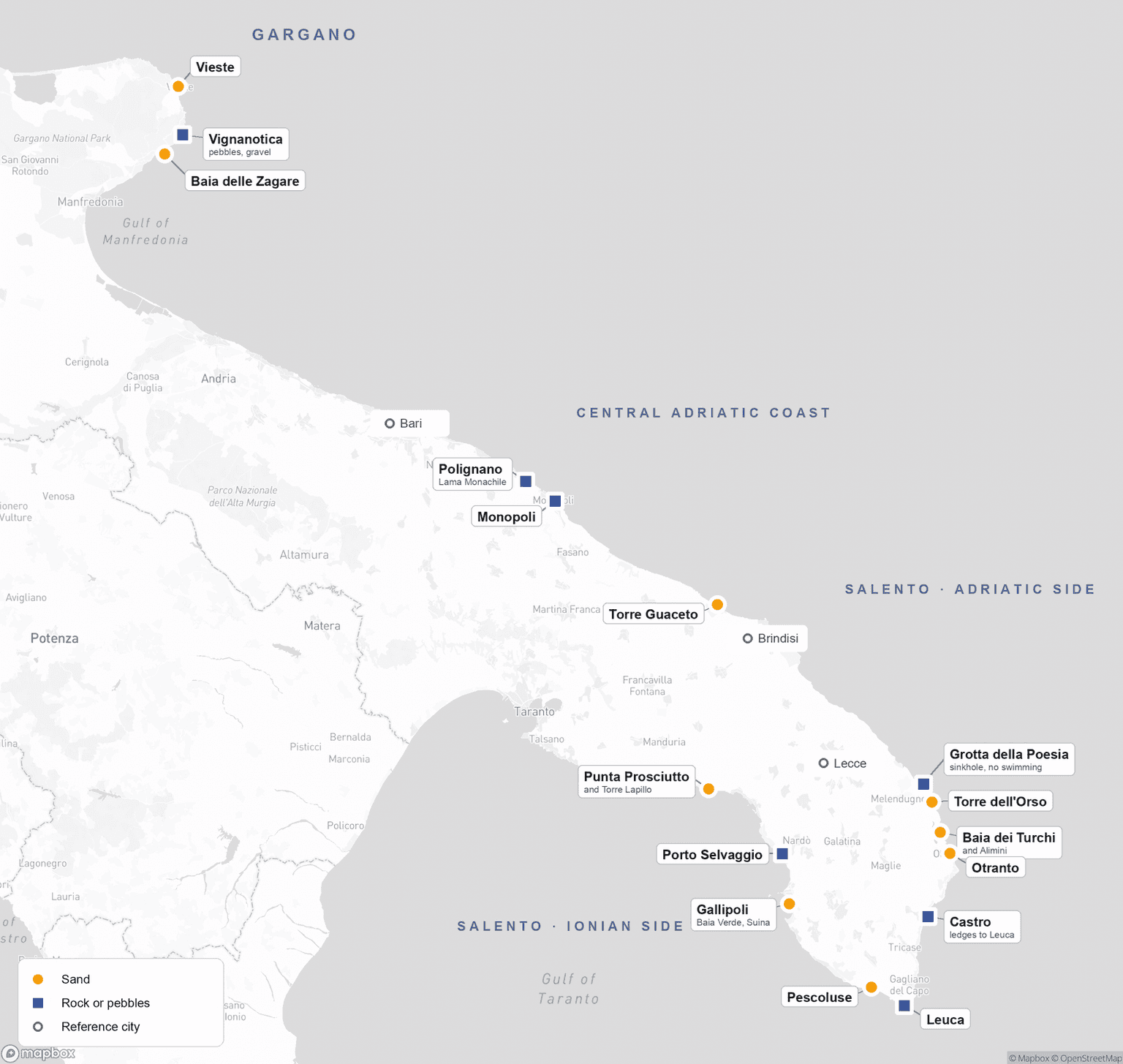 Map of Puglia from the Gargano to Leuca with this guide's beaches marked as sand or rock, and Bari, Brindisi and Lecce as reference points