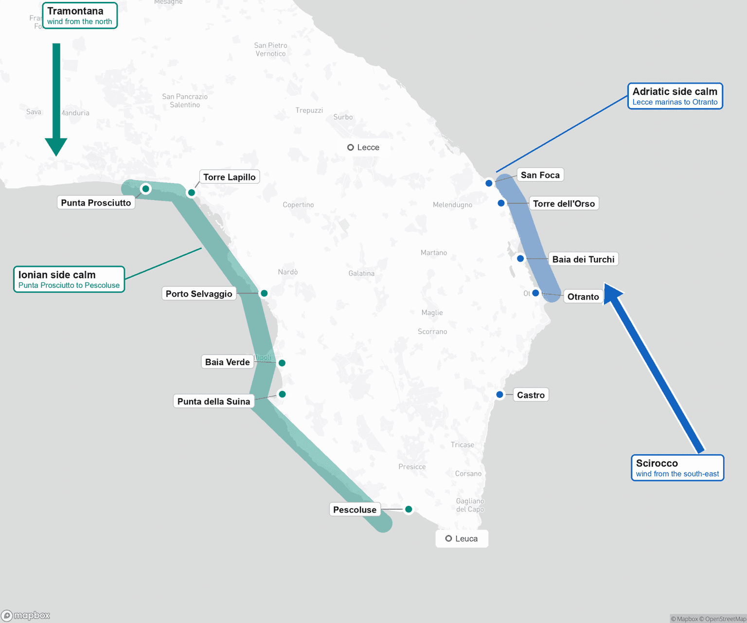 Map of the Salento heel: calm water on the Ionian side in a north wind, the tramontana, and on the Adriatic side from the Lecce marinas to Otranto in a southeast wind, the scirocco