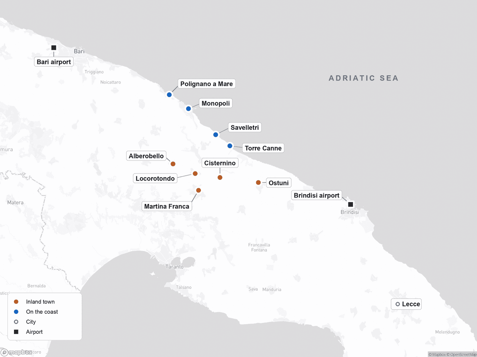 Map of central Puglia between Bari and Brindisi: the inland towns of Alberobello, Locorotondo, Cisternino, Martina Franca and Ostuni sit a short way back from the Adriatic, while Polignano a Mare, Monopoli, Savelletri and Torre Canne line the coast, with Bari airport to the northwest, Brindisi airport to the southeast and Lecce farther south