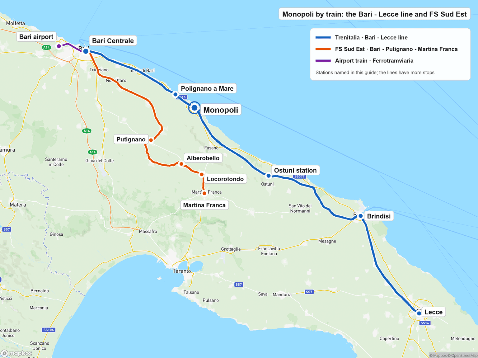 Rail map of central Puglia: the Trenitalia Bari - Lecce line follows the coast from Bari Centrale through Polignano a Mare, Monopoli, Ostuni station and Brindisi to Lecce, while the separate FS Sud Est line runs inland from Bari Centrale through Putignano, Alberobello and Locorotondo to Martina Franca, and an airport train links Bari airport to Bari Centrale