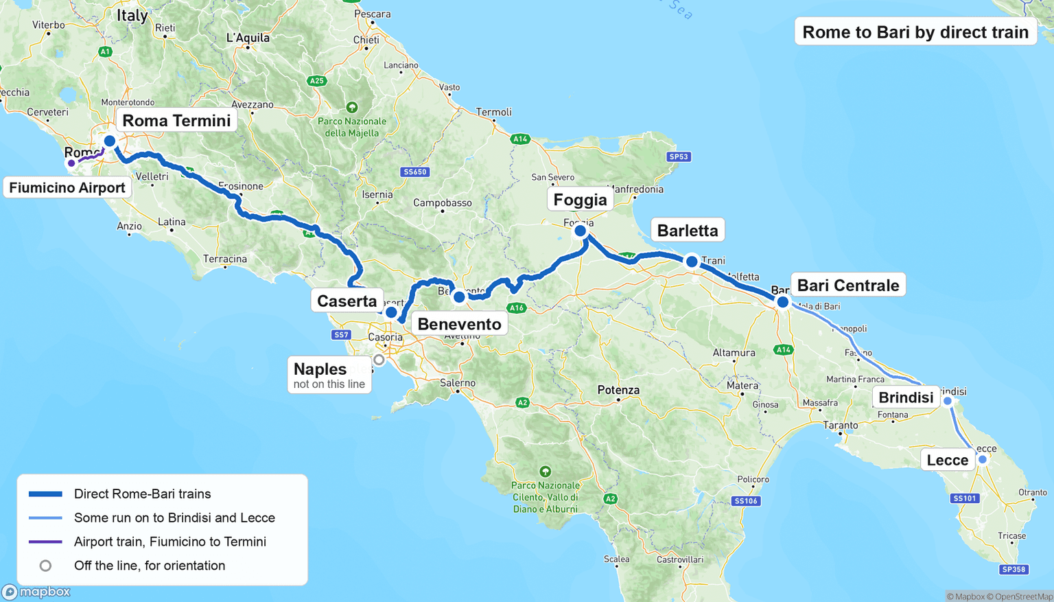 Map of the direct Rome to Bari rail line: Roma Termini, Caserta, Benevento, Foggia and Barletta to Bari Centrale, with Brindisi and Lecce beyond Bari, Naples off the line, and the Fiumicino airport train joining Termini.