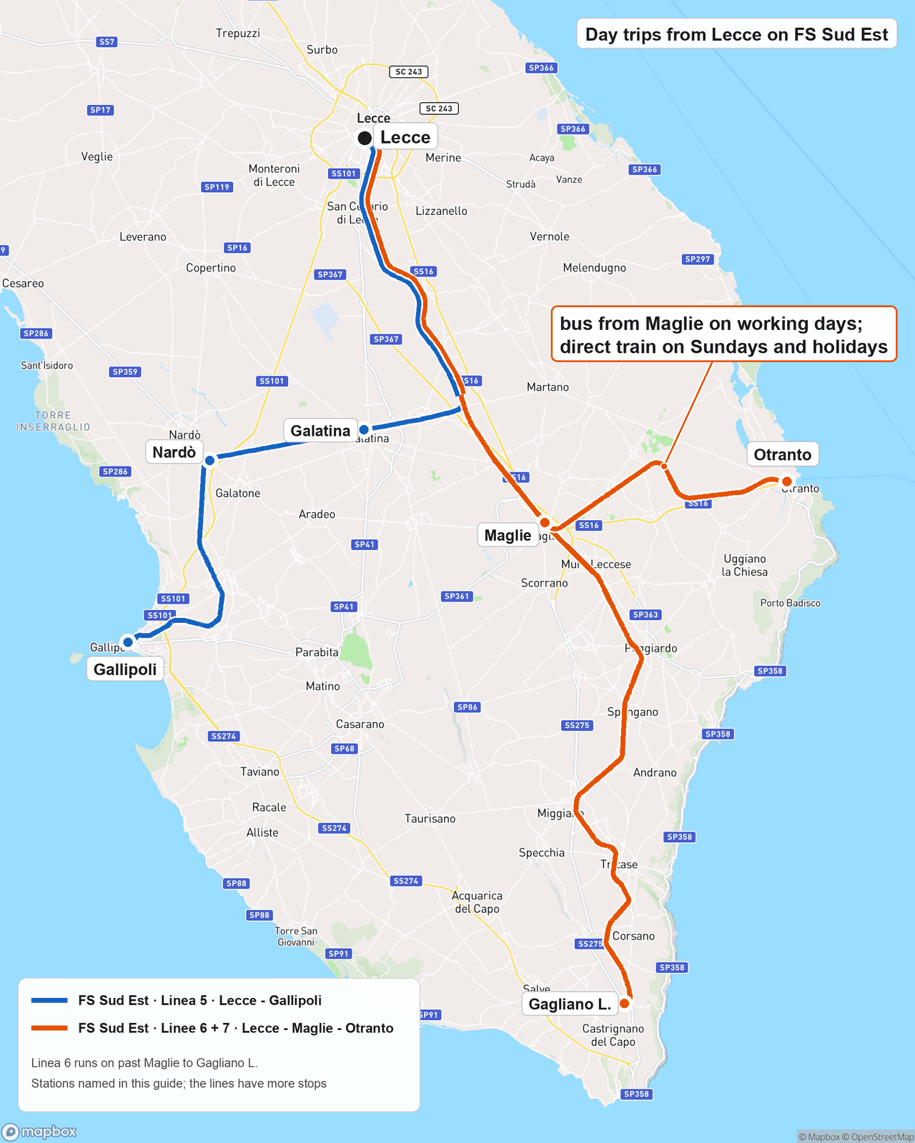 Map of the Salento south of Lecce on the FS Sud Est railway: Linea 5, in blue, runs through Galatina and Nardò to Gallipoli on the west coast; Linee 6 and 7, in orange, run to Maglie, where a branch goes east to Otranto (a bus from Maglie on working days, a direct train on Sundays and holidays) and Linea 6 goes on south to Gagliano L., where the line ends