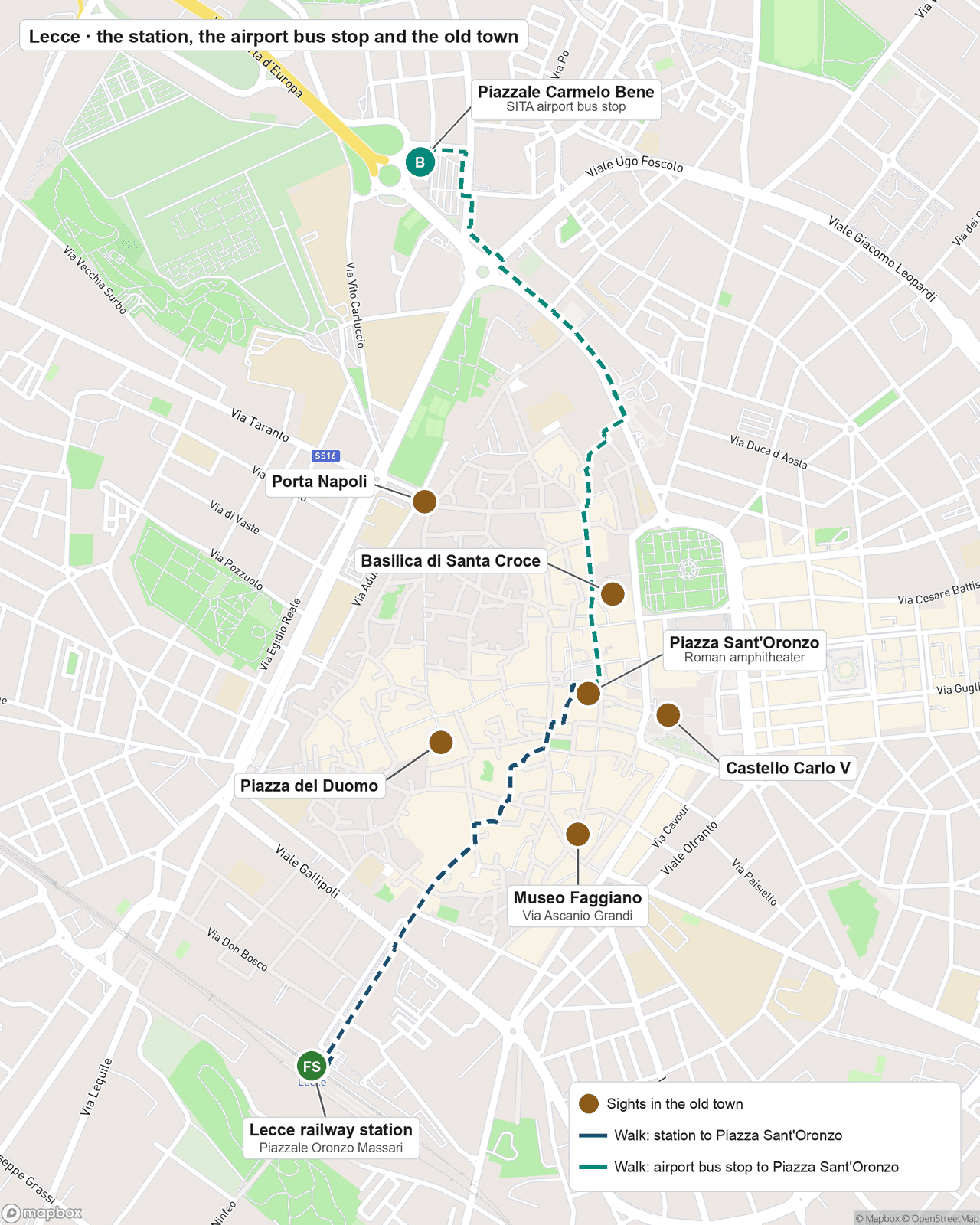 Street map of central Lecce: walking routes to Piazza Sant'Oronzo and its Roman amphitheater from the railway station on Piazzale Oronzo Massari and from the SITA airport bus stop at Piazzale Carmelo Bene, with Porta Napoli, the Basilica di Santa Croce, Piazza del Duomo, Castello Carlo V, and Museo Faggiano marked