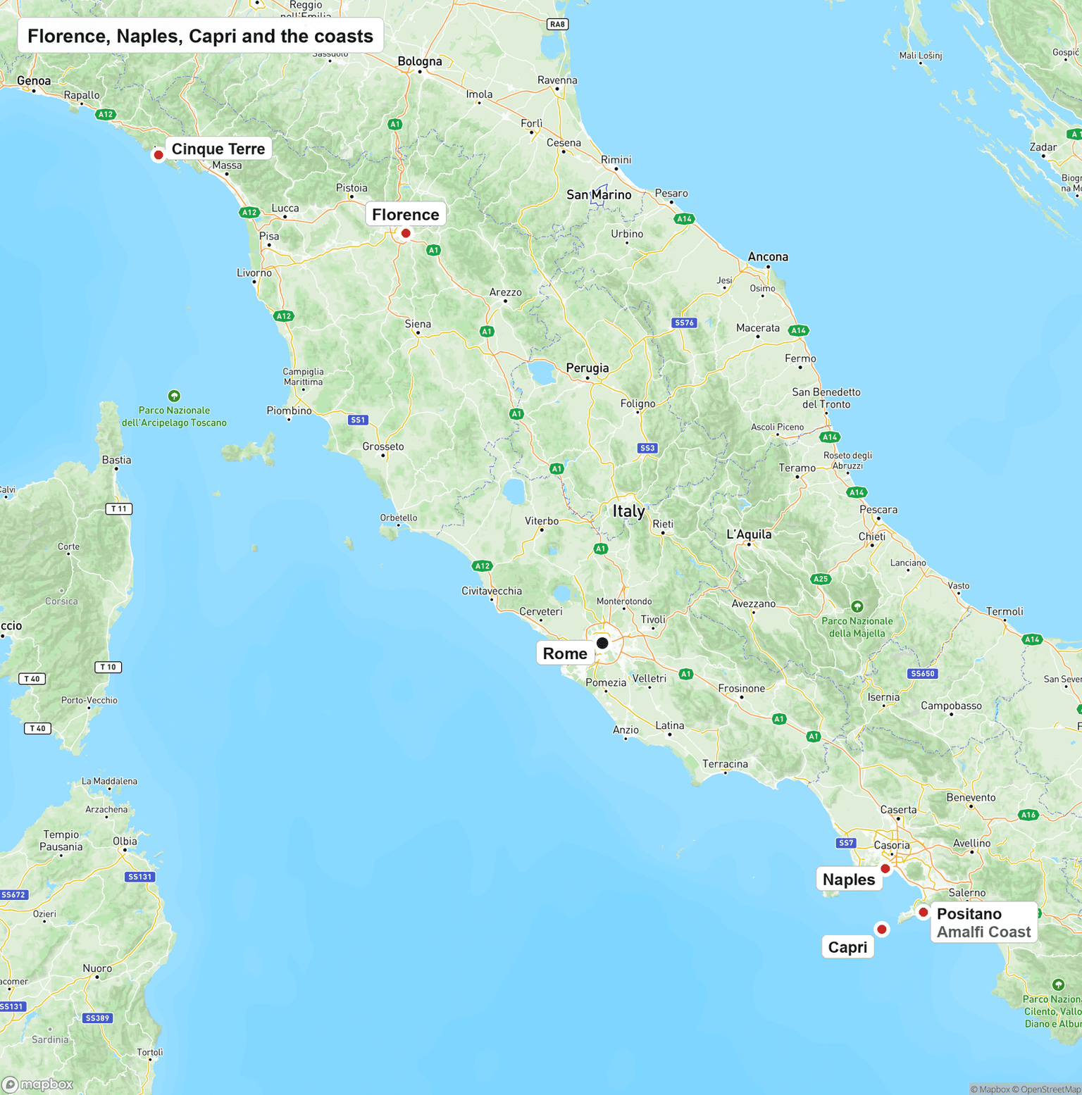 Map of central Italy with Rome in the middle, Florence and the Cinque Terre coast to the north, and Naples, Capri, and Positano on the Amalfi Coast to the south