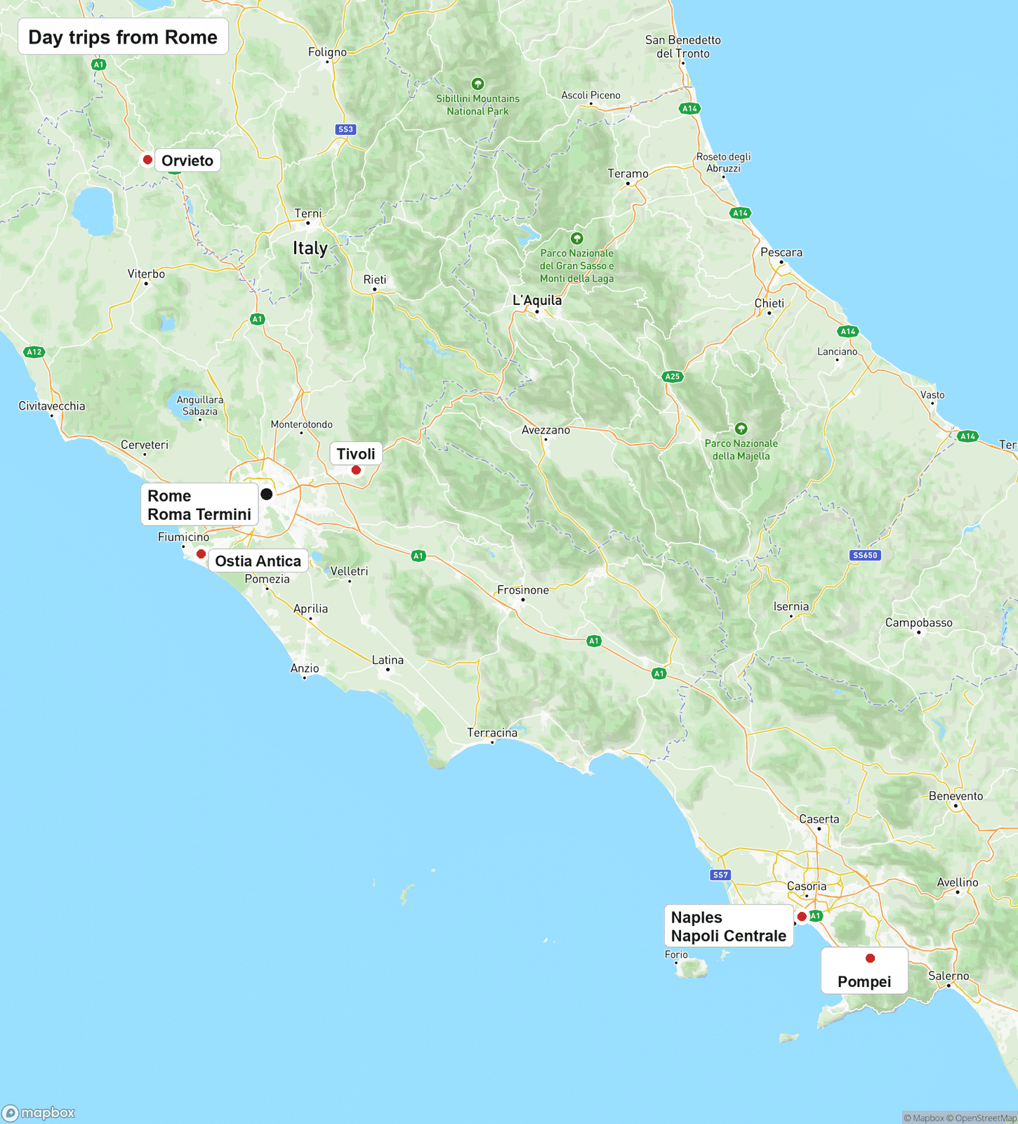 Map of central and southern Italy marking Rome at Roma Termini, with Ostia Antica on the coast just southwest, Tivoli just east, Orvieto to the north, and Naples at Napoli Centrale with Pompei beside it far to the southeast