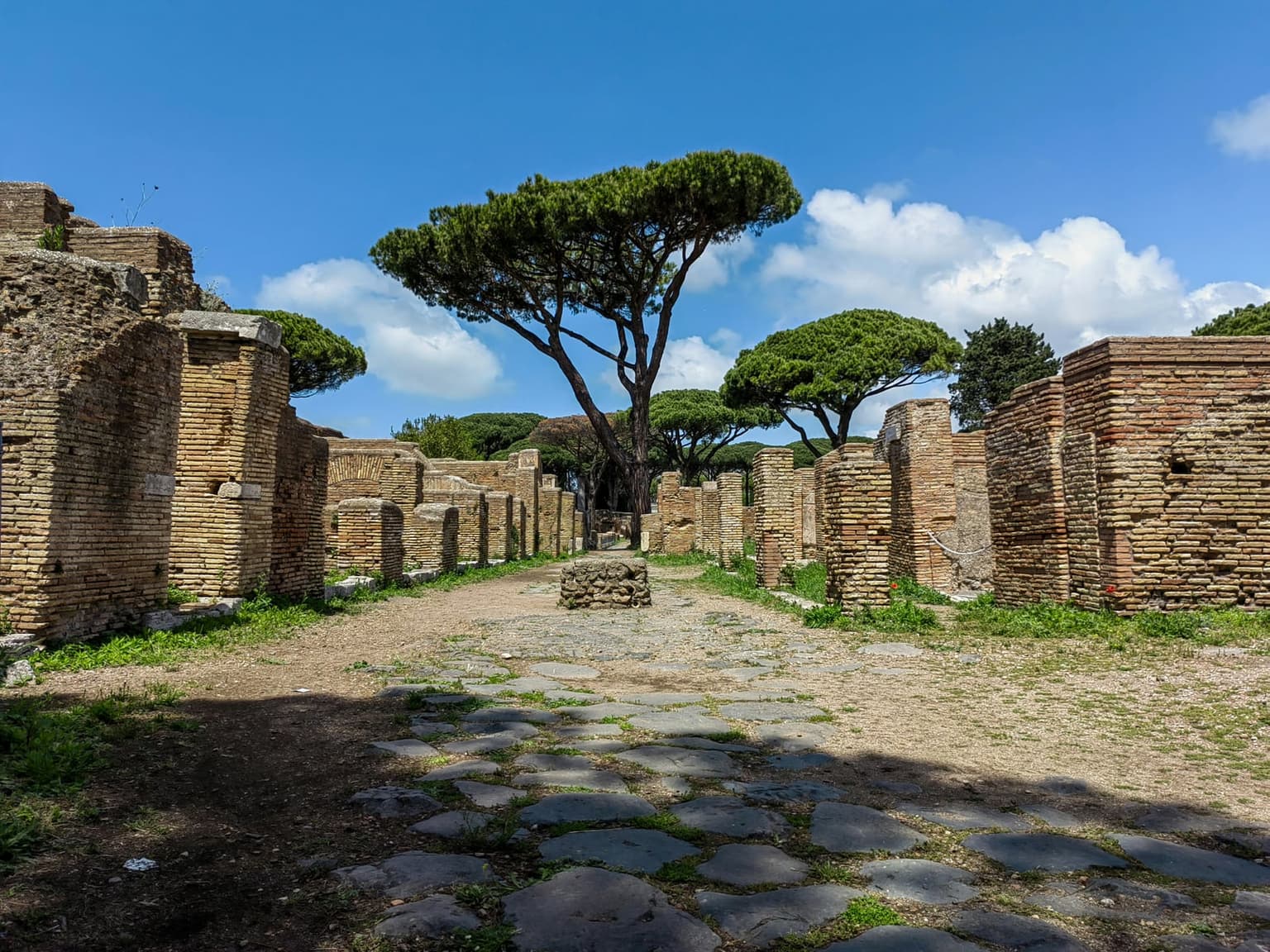 A Roman street at Ostia Antica paved with large dark basalt stones, lined on both sides by brick walls and shop piers taller than a person, with umbrella pines rising at the far end