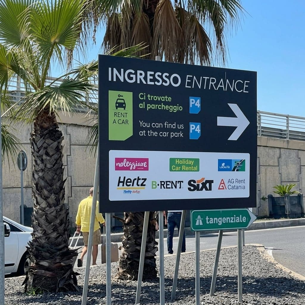 A black directional sign at the airport arrivals area reading "INGRESSO ENTRANCE," with a green rent-a-car icon pointing to parking lot "P4" in Italian and English and a large white arrow. Below it, a row of rental-company logos including a cursive pink "noleggiare," "Holiday Car Rental," "Locauto," "Hertz" (with smaller "Thrifty" and "Dollar" text), "B-Rent," "Sixt," and "AG Rent Catania." A separate green "tangenziale" ring-road sign is mounted underneath. In the foreground, two palm trees and a traveler in a yellow shirt walking away while pulling a suitcase, with a second person's legs visible behind a palm trunk and a white car at the frame's left edge, under clear daylight sky.