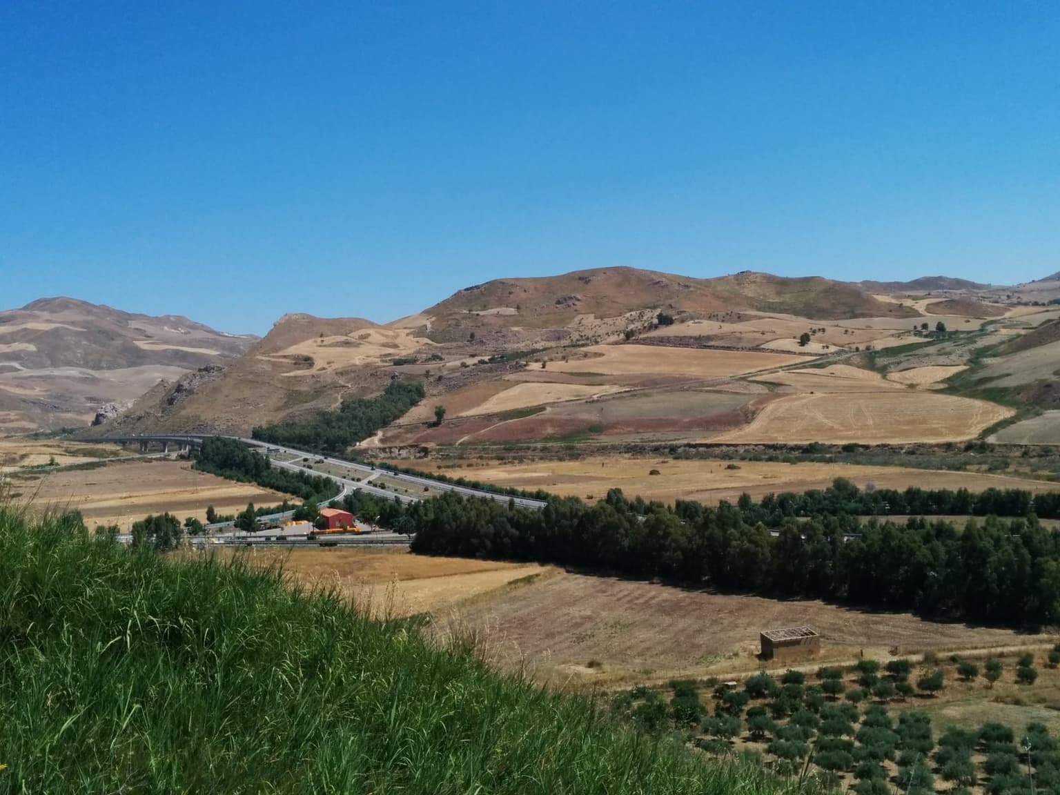 An elevated view of the A19 autostrada threading through Sicily's golden interior hills near the Ponte Cinque Archi exit, a viaduct carrying the road across the valley, olive groves in the foreground and dry hills stretching to the horizon