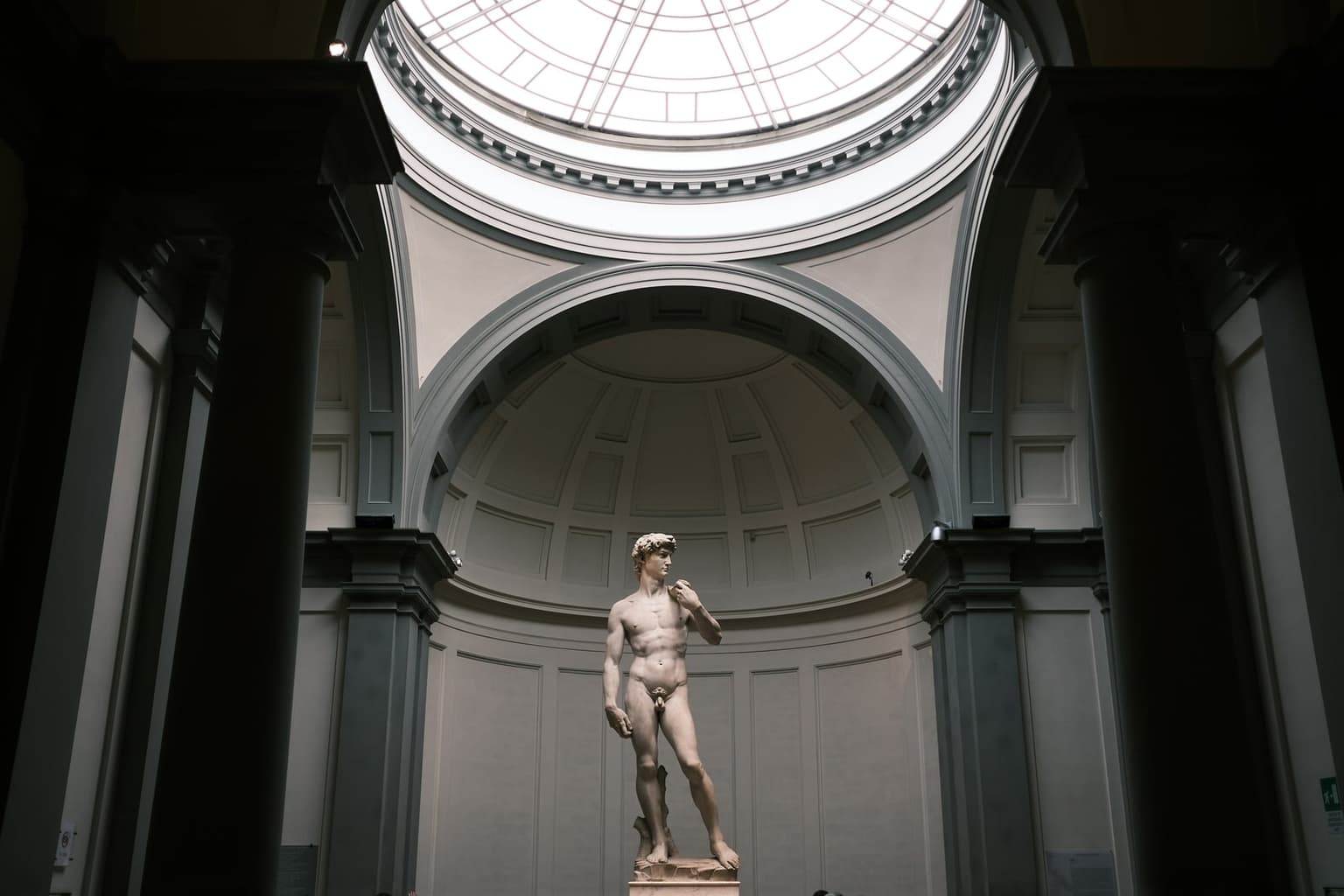 Michelangelo's marble David in the Accademia, under a round skylight in a domed apse