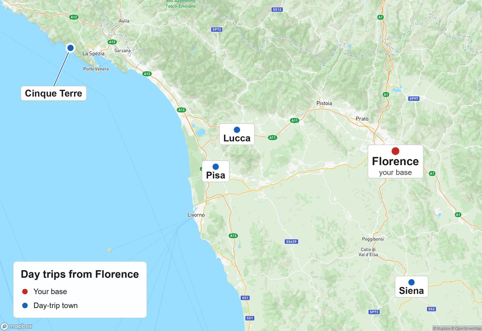 Map of Florence and its day trips: Lucca and Pisa to the west near the coast, the Cinque Terre farther northwest past La Spezia, and Siena to the south