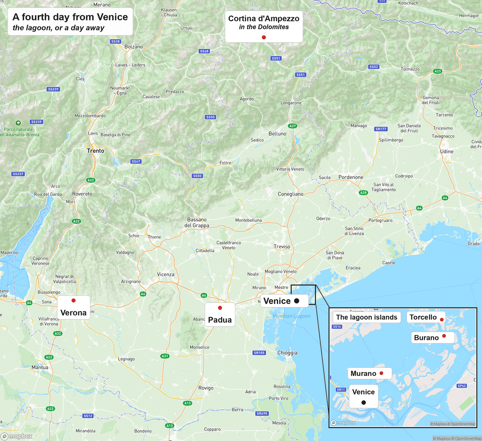 Regional map of northeast Italy marking day trips from Venice, with Padua and Verona to the west, Cortina d'Ampezzo in the Dolomites to the north, and an inset of the Venetian lagoon showing the islands of Murano, Burano and Torcello north of Venice