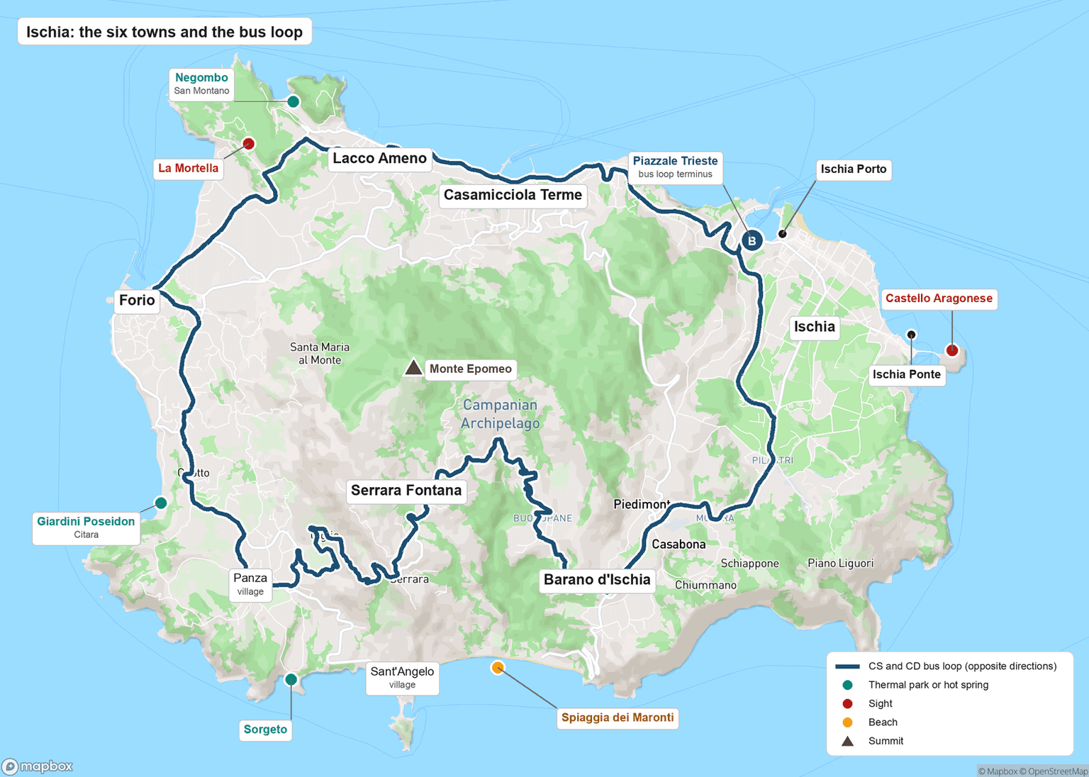 Map of Ischia's six towns, Ischia, Casamicciola Terme, Lacco Ameno, Forio, Serrara Fontana and Barano d'Ischia, on the CS and CD bus loop that circles the island in opposite directions from the Piazzale Trieste terminus at Ischia Porto, with Giardini Poseidon at Citara, Negombo at San Montano, the Sorgeto hot spring below Panza, La Mortella, the Castello Aragonese off Ischia Ponte, Maronti beach and Sant'Angelo on the south coast, and Monte Epomeo at the center