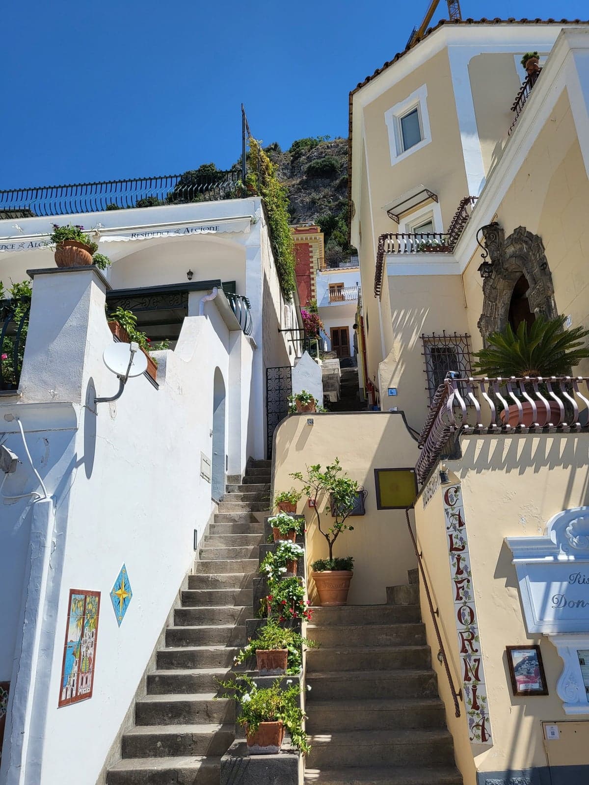 Two flights of stone steps climbing between white and pale-yellow houses in Positano, potted geraniums and a small lemon tree on the wall between them