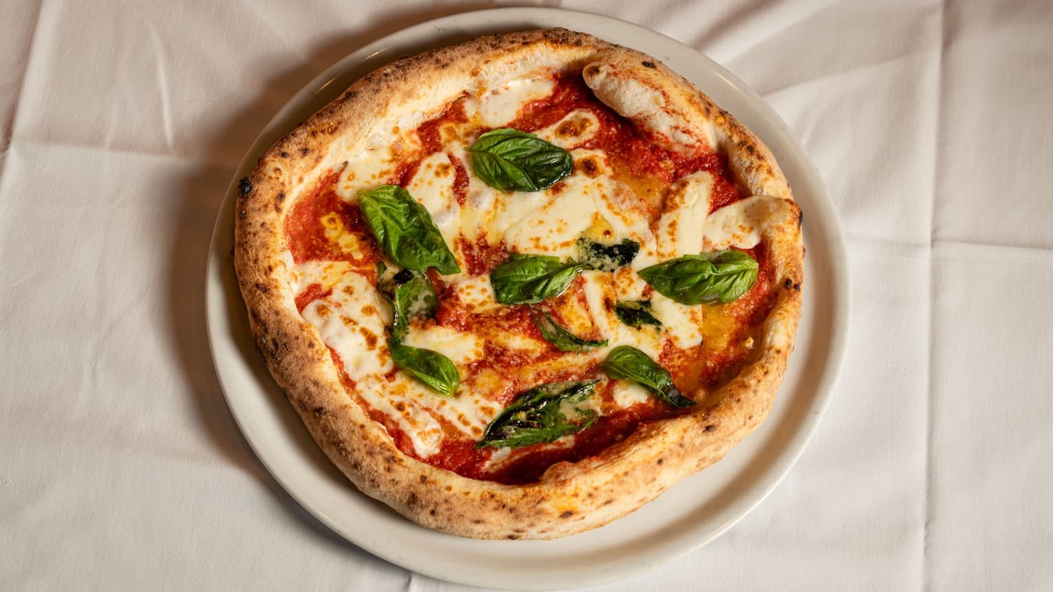 A Neapolitan margherita with a puffy, charred crust, tomato, mozzarella and basil