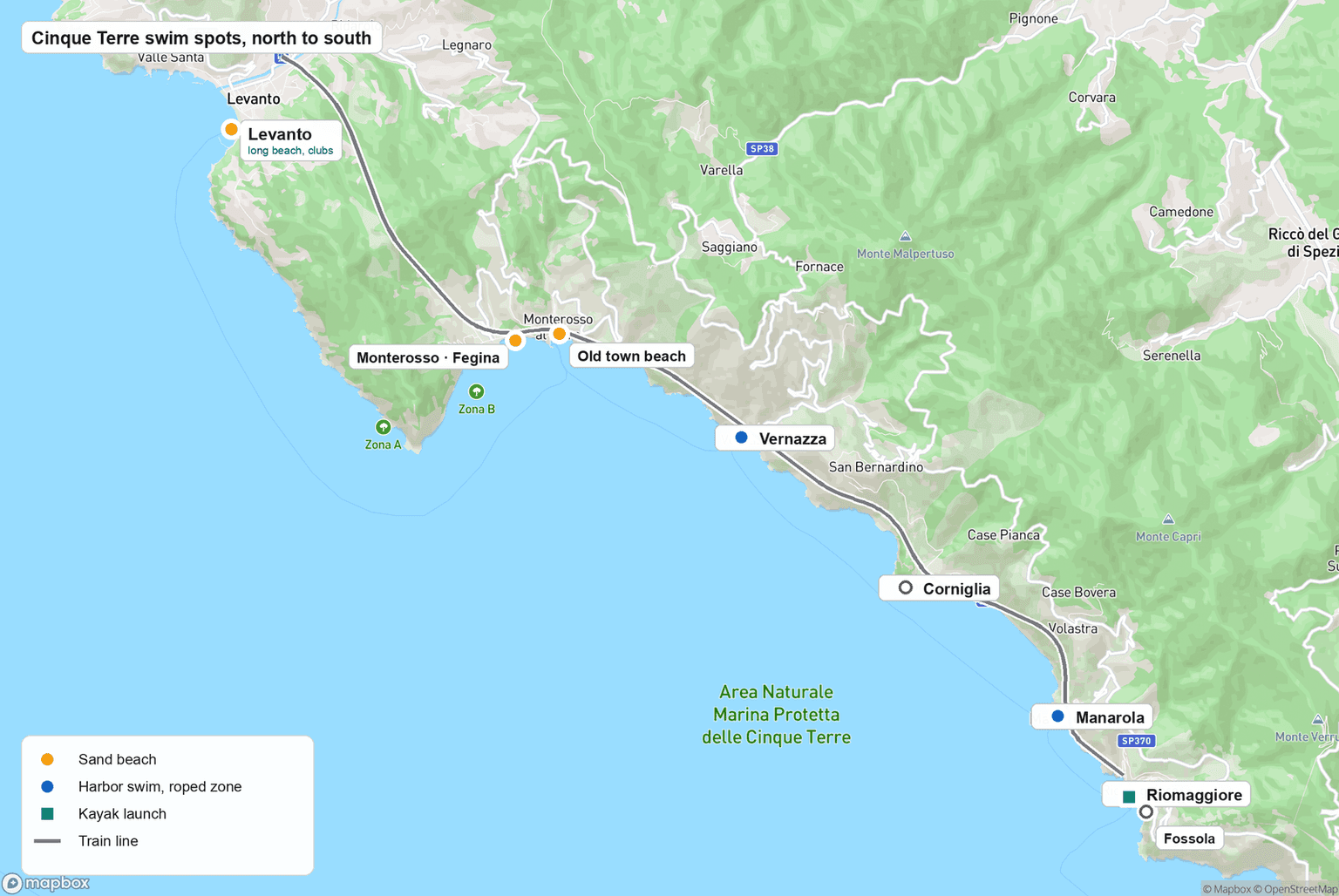 Map of the Cinque Terre coast from Levanto to Riomaggiore along the train line, marking sand beaches at Levanto and Monterosso, roped harbor swim zones at Vernazza and Manarola, a kayak launch at Riomaggiore, and neutral markers for Corniglia and Fossola