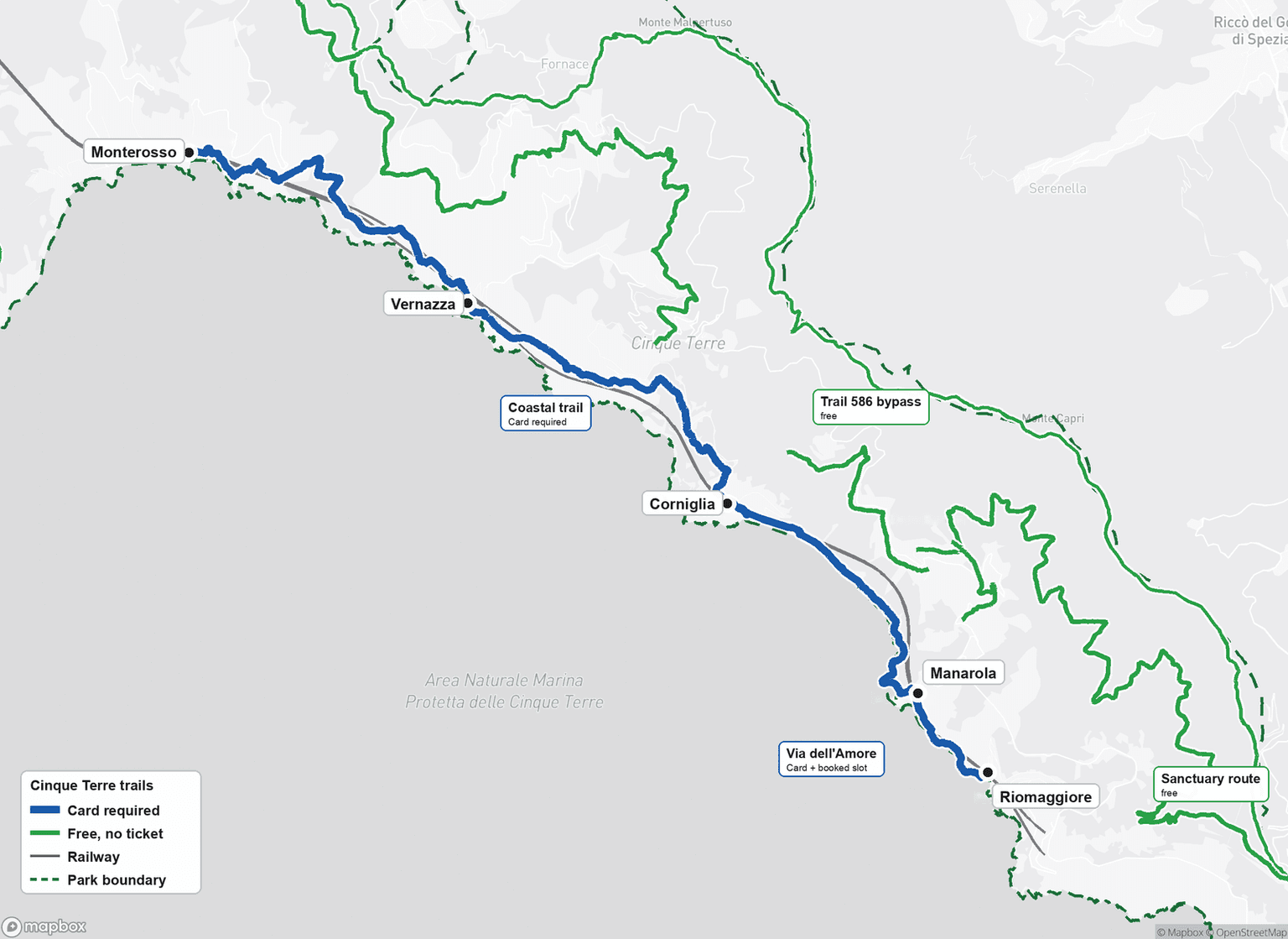 Map of the Cinque Terre coast: the ticketed Blue Trail and Via dell'Amore in blue link Monterosso, Vernazza, Corniglia, Manarola and Riomaggiore, while the sanctuary routes, the 586 bypass and the Alta Via run free inland.