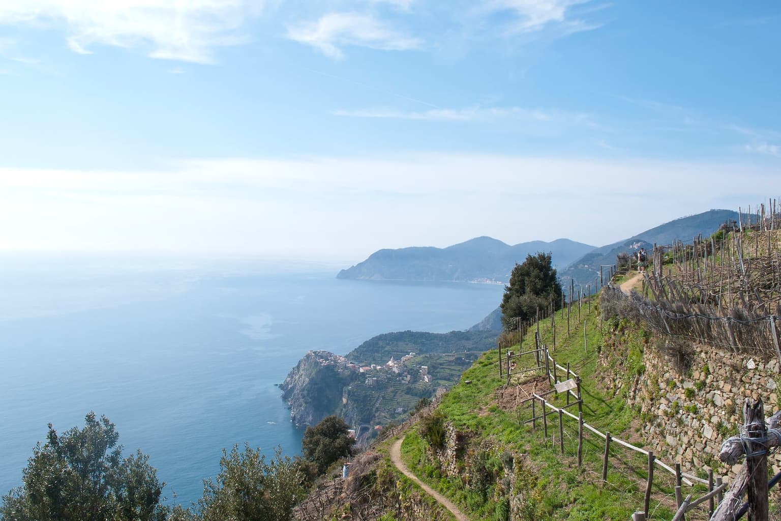 A dirt path runs above terraced vineyards and dry-stone walls, with the sea far below.