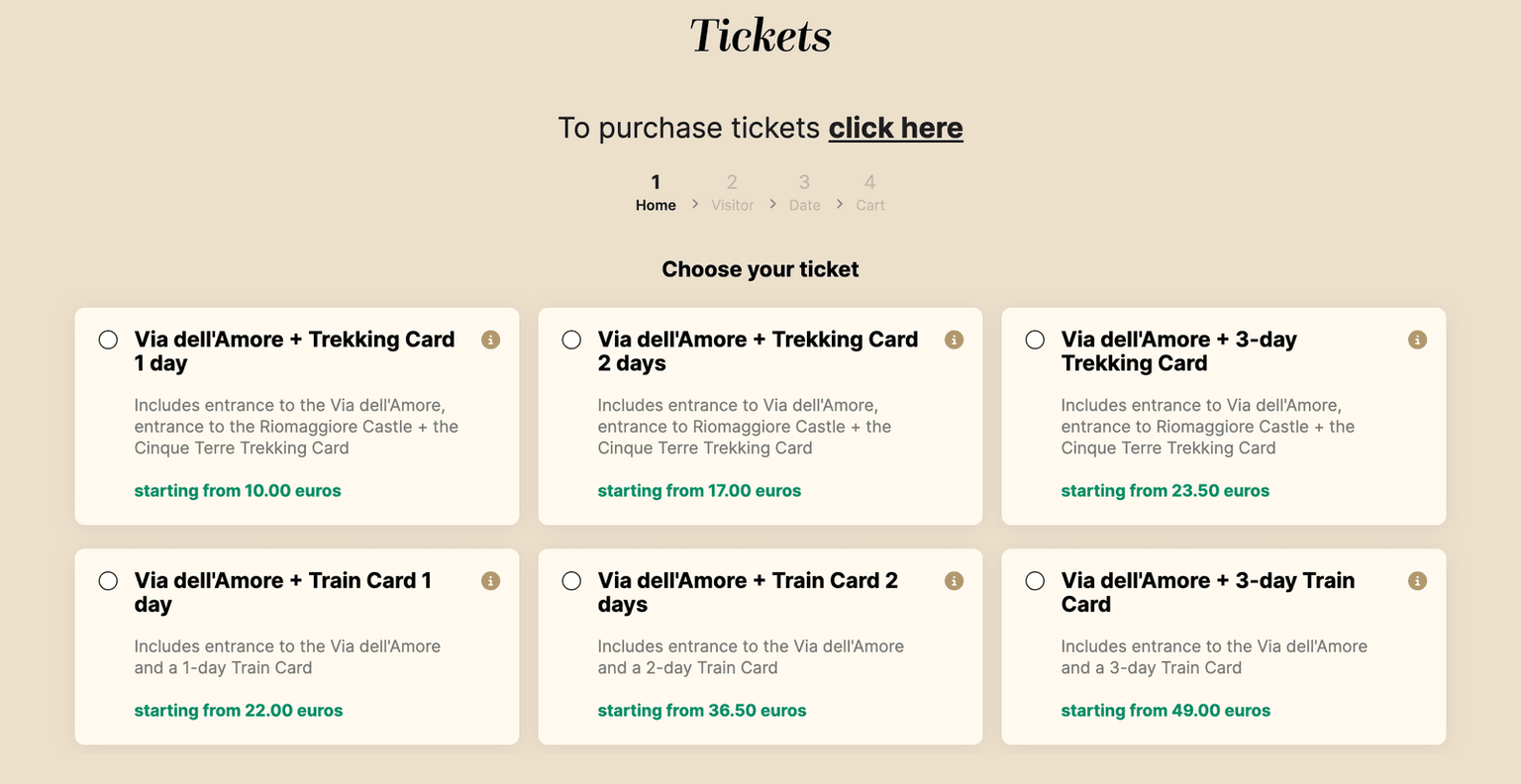 The Via dell'Amore ticket page on September 21, 2026, offering six card bundles in a four-step booking flow that ends with choosing a date.