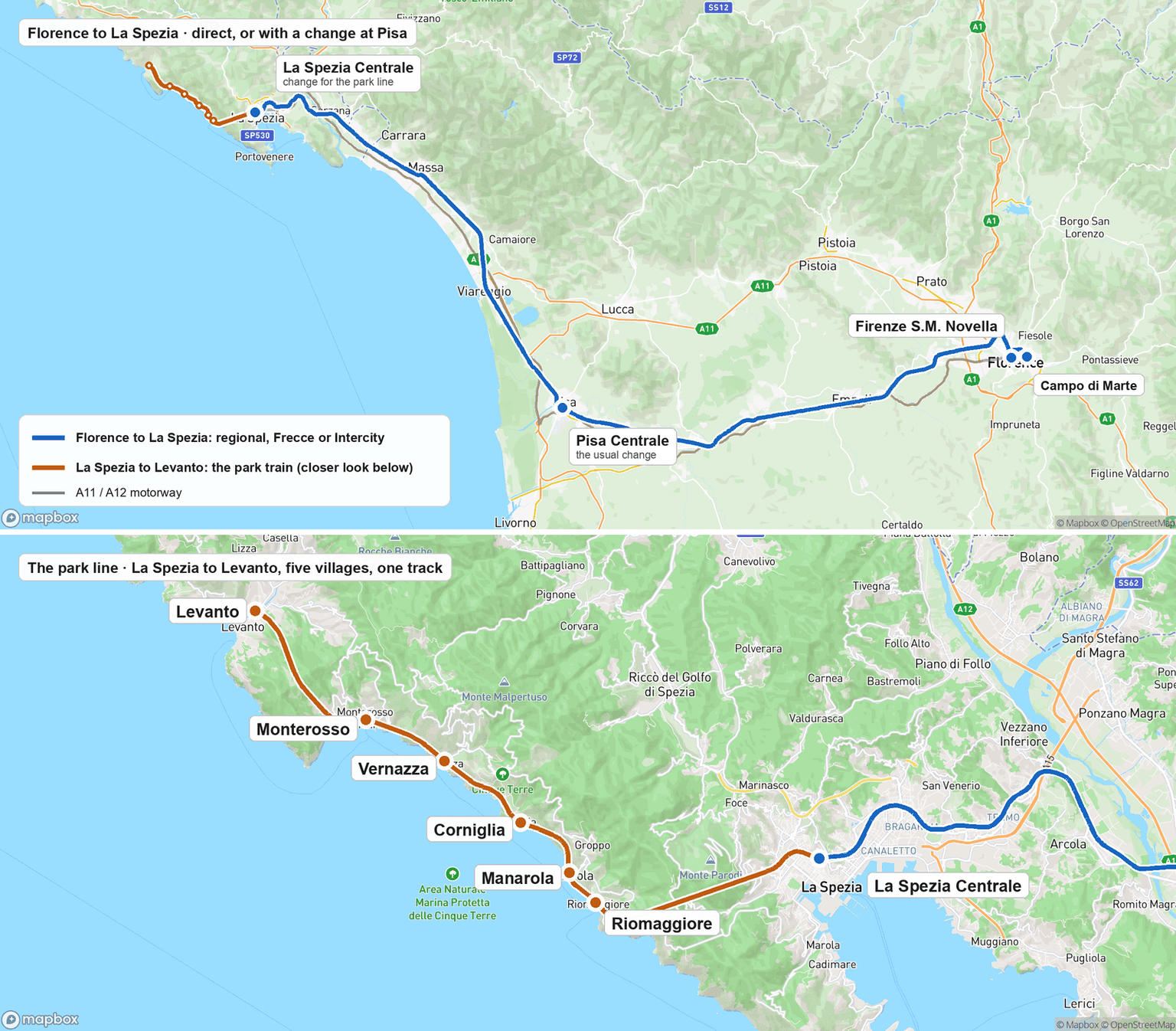 Route map: Florence to La Spezia by train, direct or with a change at Pisa, then the park line through Riomaggiore, Manarola, Corniglia, Vernazza and Monterosso to Levanto