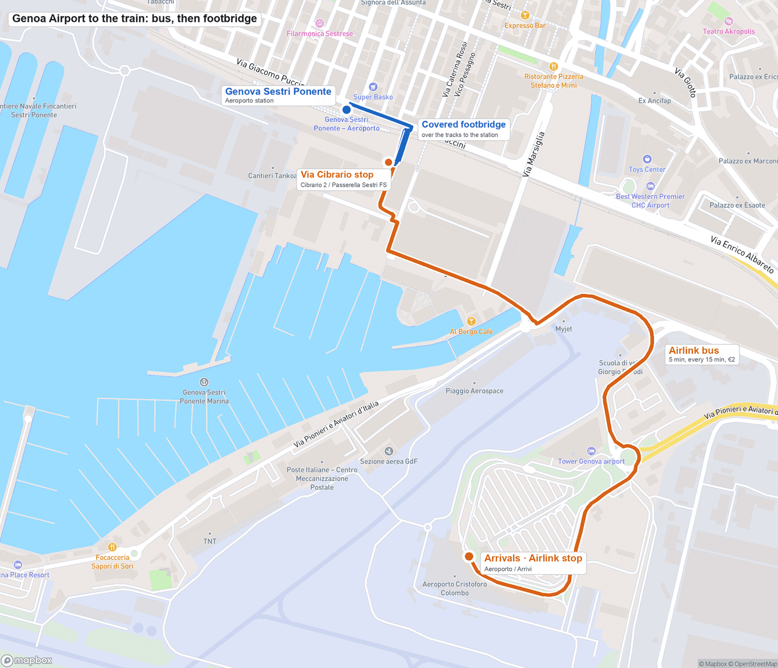 Map of Genoa Airport showing the arrivals hall, the Airlink bus stop on via Cibrario, and the footbridge connecting it to Genova Sestri Ponente Aeroporto train station.