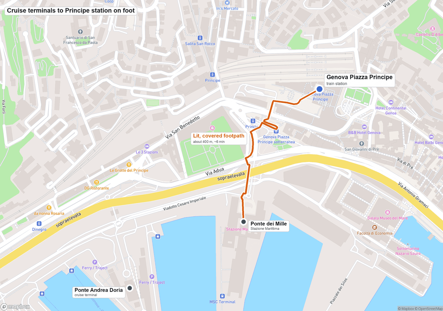 Map of Genoa's cruise terminals at Ponte dei Mille and Ponte Andrea Doria showing the roughly 400-meter covered walkway connecting them to Genova Piazza Principe train station.