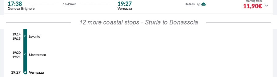 Trenitalia search result for a Genova Brignole to Vernazza Regionale Veloce: the summary (17:38, 1h49min, €11.90) and the expanded stop list's final entries, Levanto, Monterosso and Vernazza.