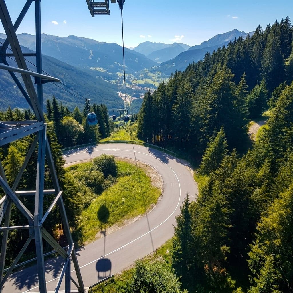 A hairpin switchback on the forested access road to Alpe di Siusi, seen from a cable car pylon with a gondola cabin passing overhead, the valley town and distant mountains visible below