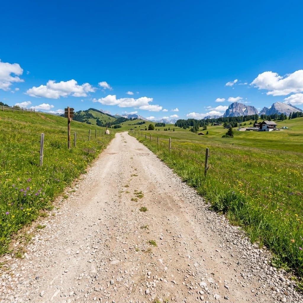 A wide dirt track running through open pasture on Alpe di Siusi, wildflowers and a wooden trail signpost along the fence line, farm buildings in the middle distance and the Sassolungo and Sassopiatto spires on the horizon
